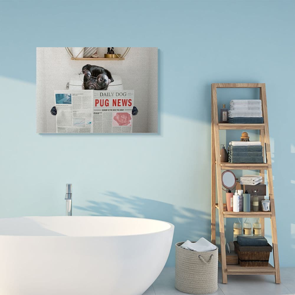 Stupell Industries Bathroom Pug Daily Toilet Briefing Dog Humor Canvas Wall Art
