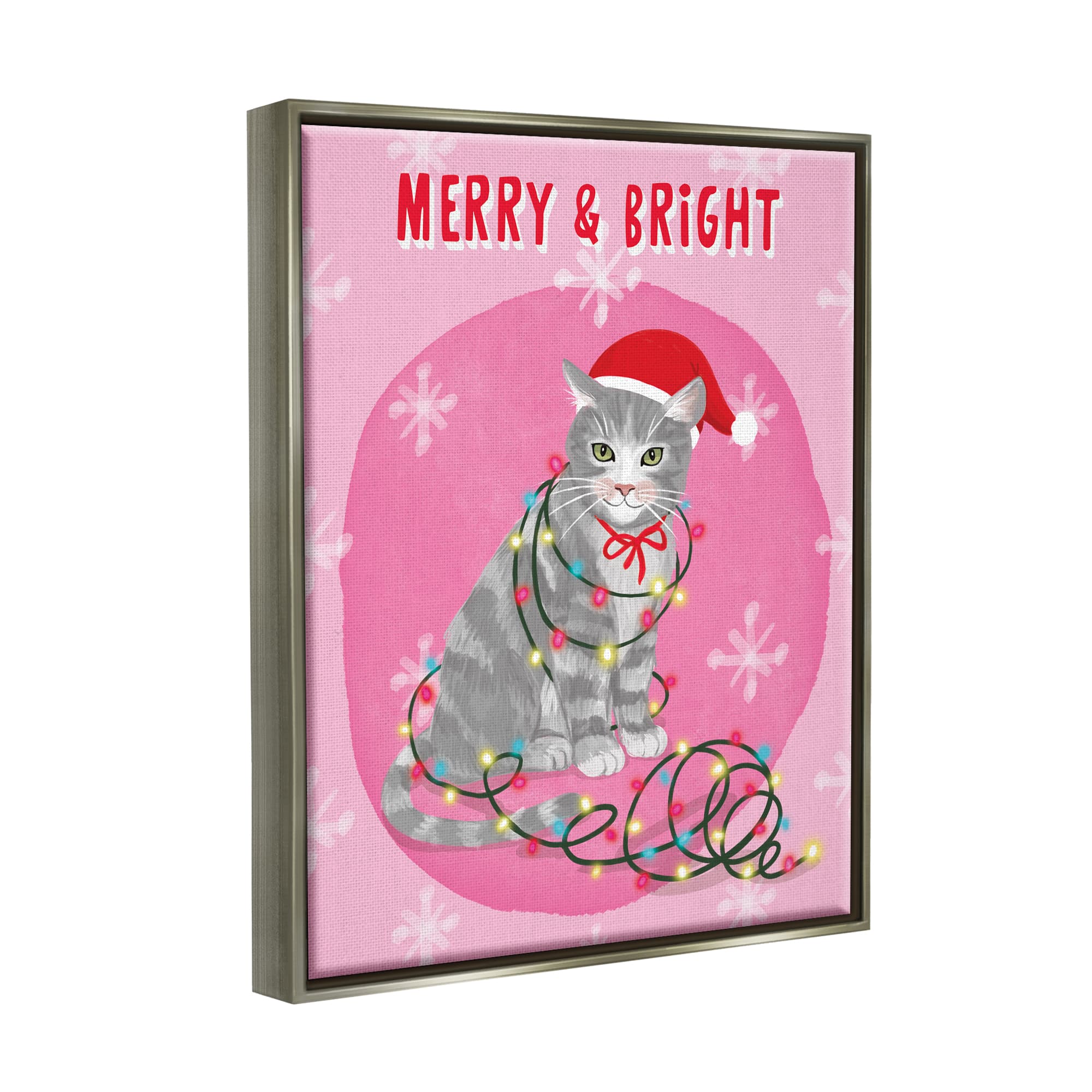 Stupell Industries Merry & Bright Christmas Cat Lights Framed Floater Canvas Wall Art