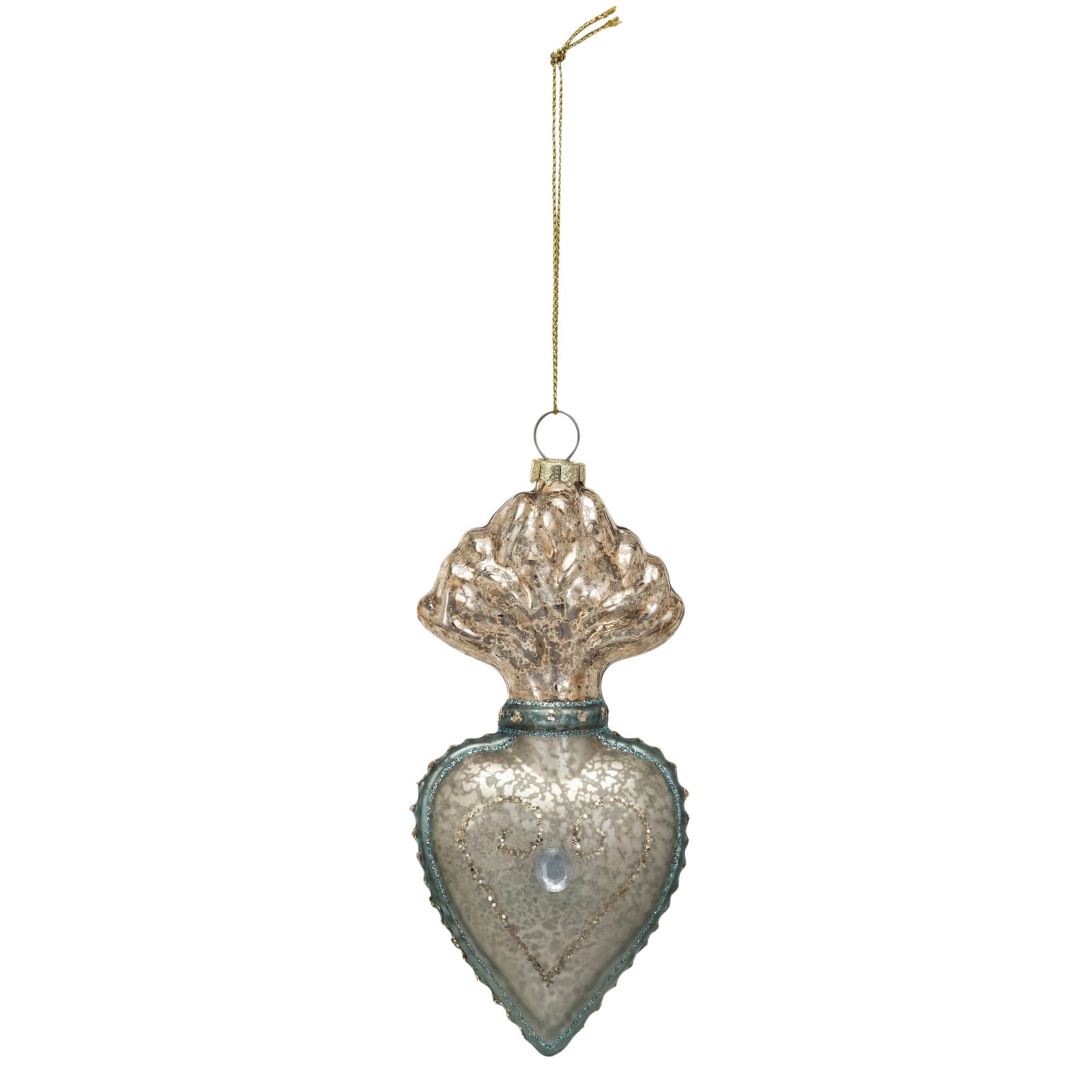Hello Honey® 5.5" Silver Finish & Aqua Mercury Glass Sacred Heart Ornament with Glitter & Jewel