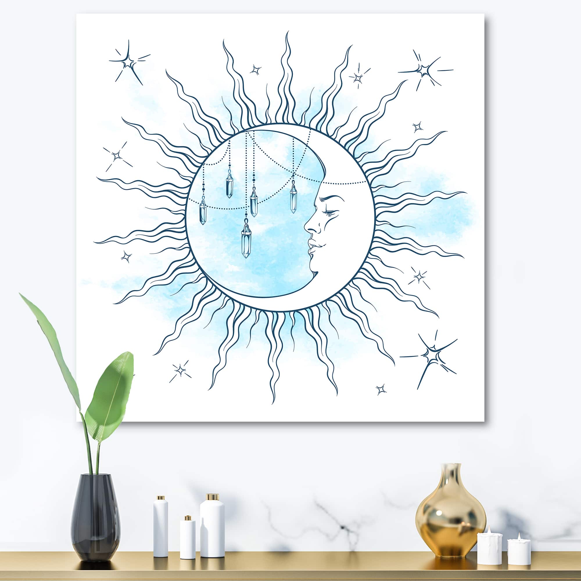 Designart - Blue Crescent Moon With Moonstone Pendants & Stars