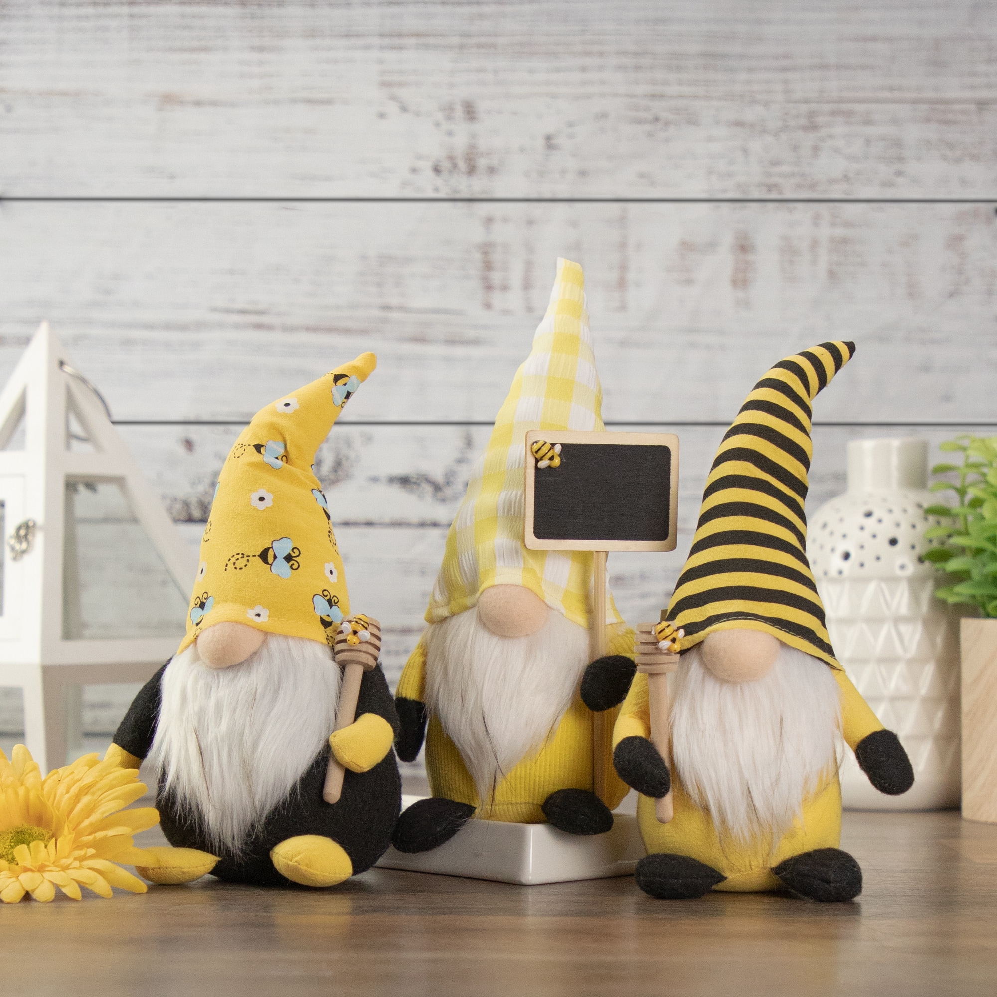 10" Yellow Gingham Hat Springtime Gnome with Chalk Board