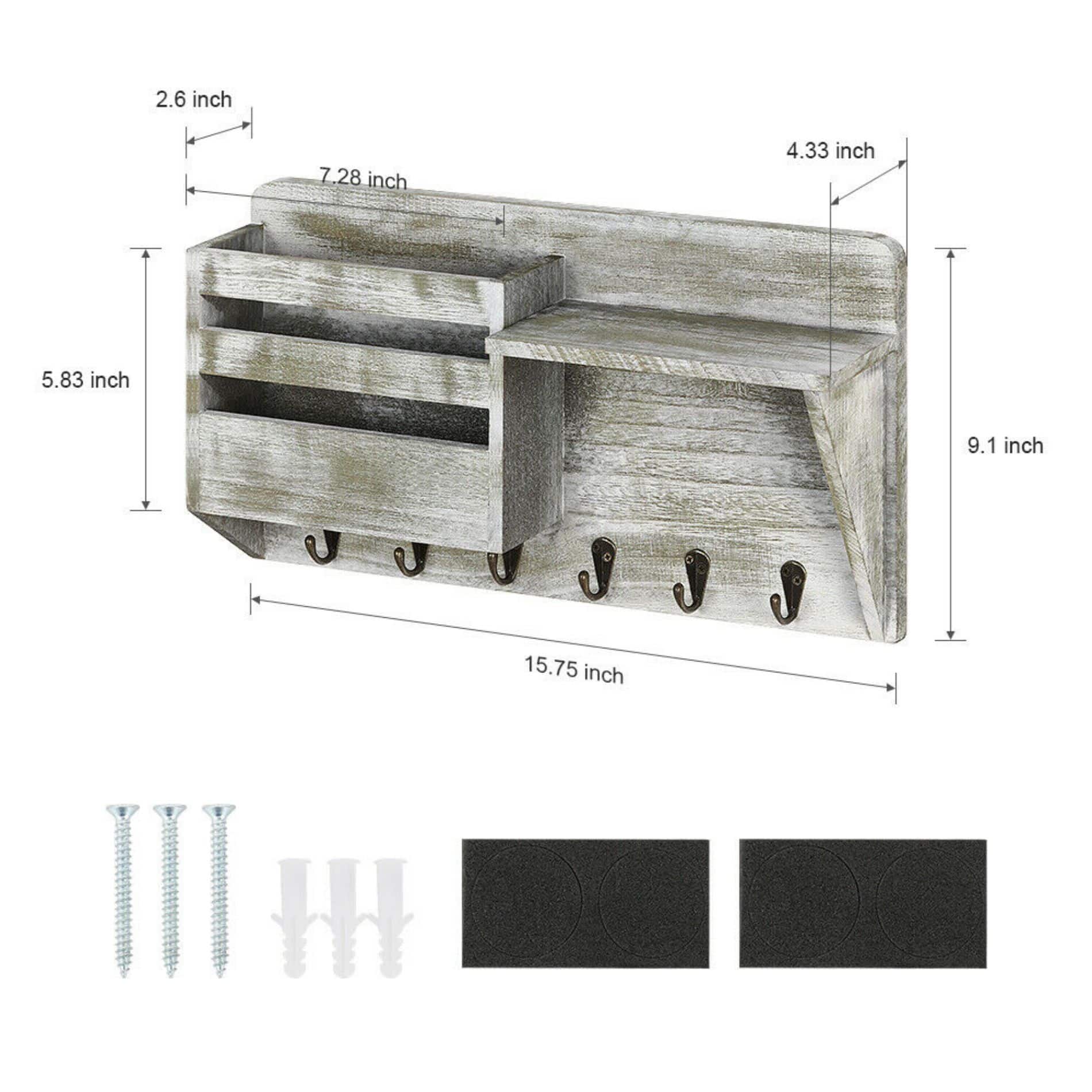 NEX™ Rustic Gray Wall-Mount Mail & Key Holder with 6 Key Hooks and Shelf