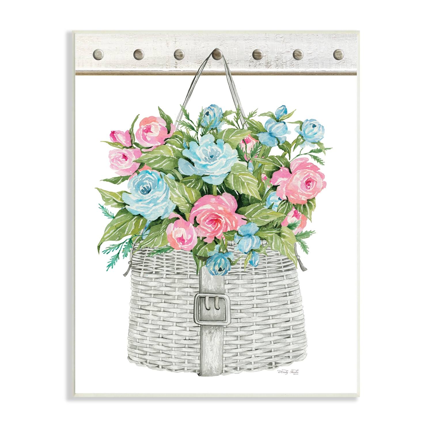 Stupell Industries Blue And Pink Blooming Roses Spring Plant Basket Wall Plaque Art
