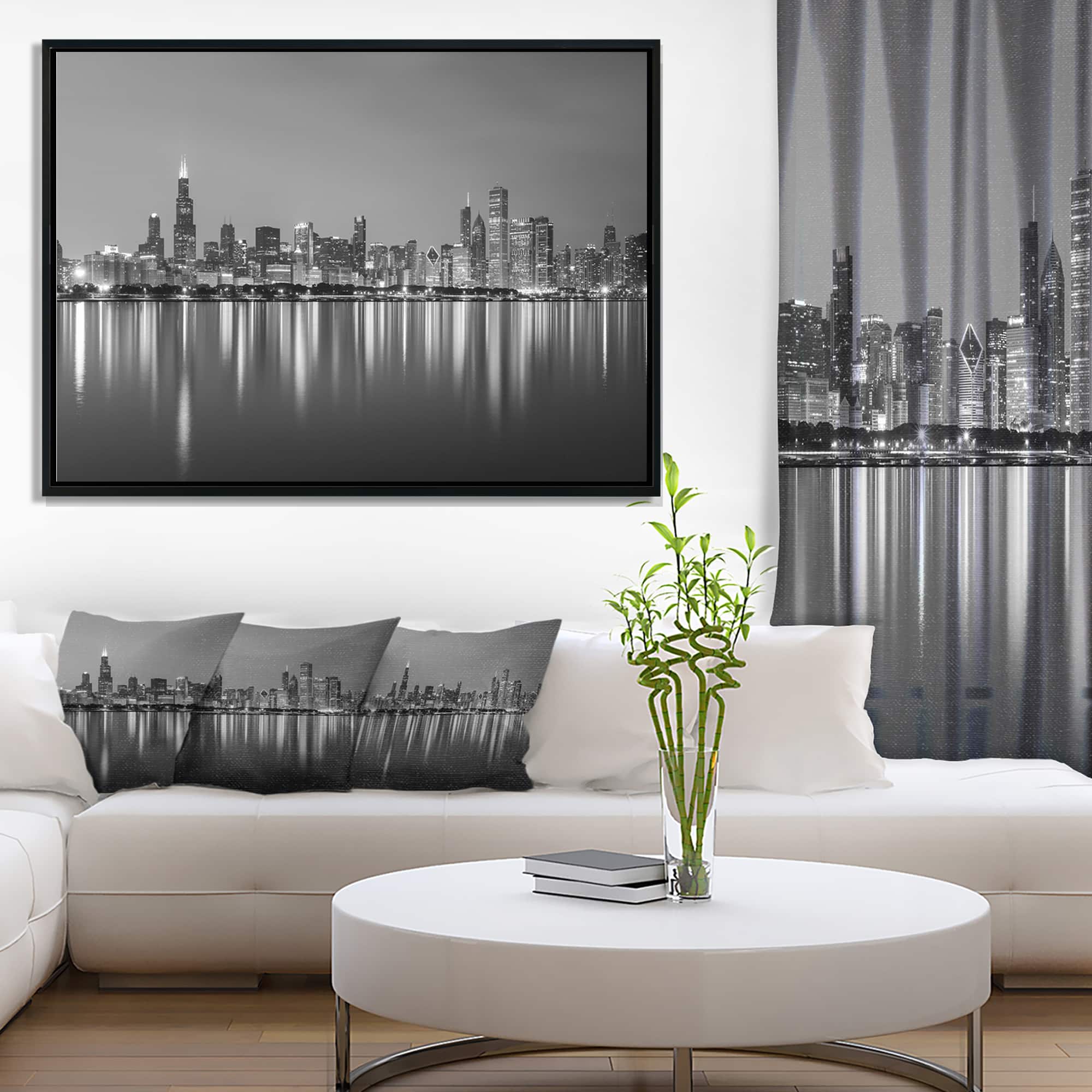 Designart - Chicago Skyline at Night Black and White - Cityscape Framed Canvas Print