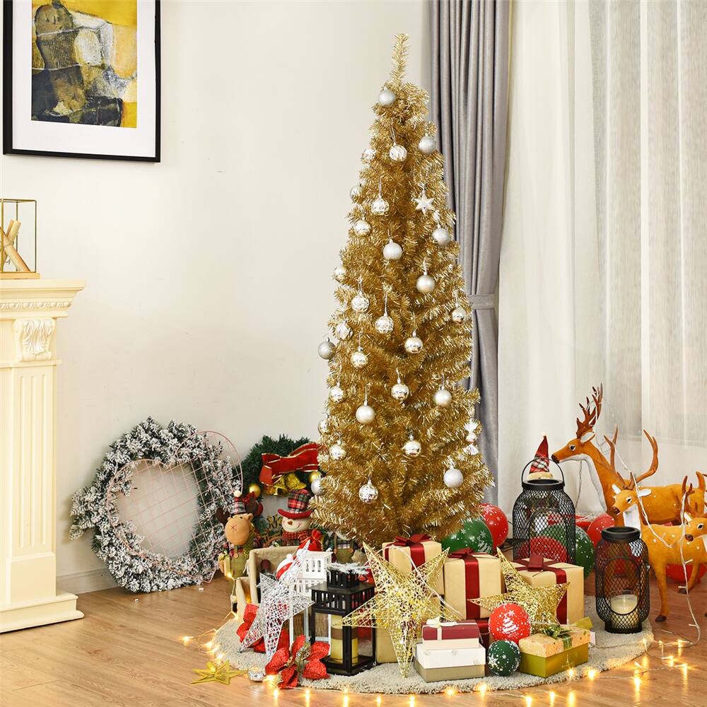 Costway 6ft. Unlit Champagne Gold Tinsel Slim Christmas Tree