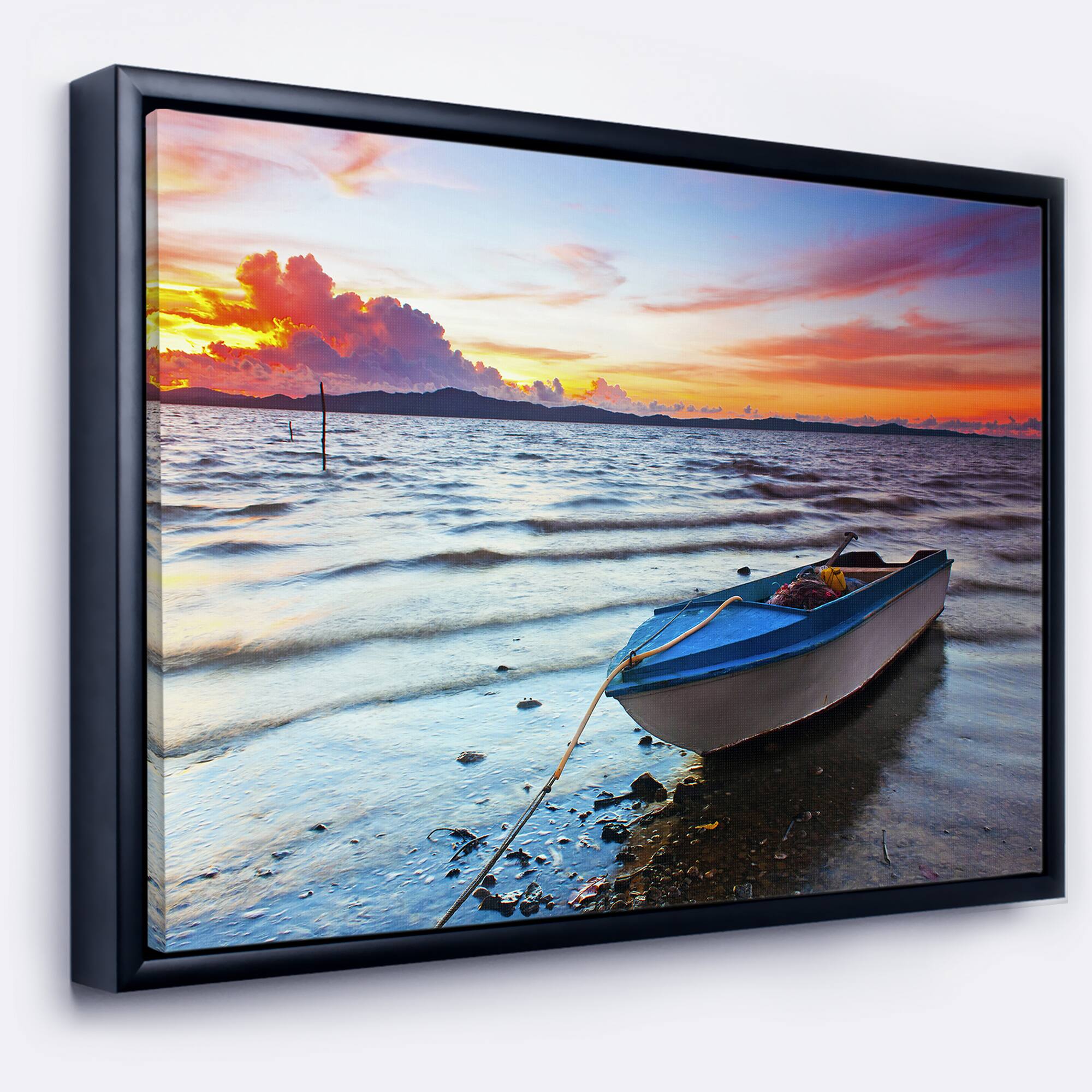 Designart - Boat at the Sunset - Landscape Photography Canvas Print in Black Frame