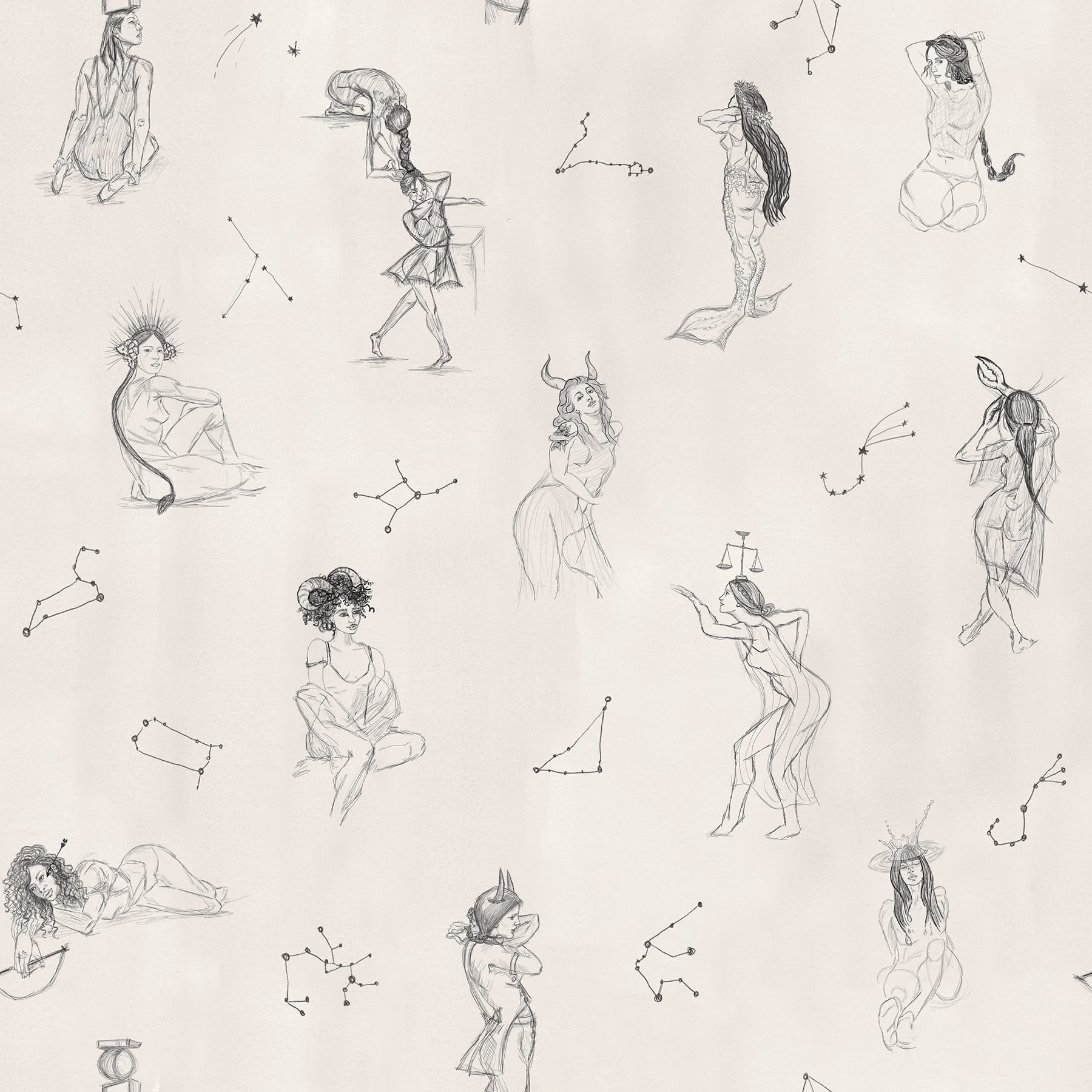 Mr. Kate Luna Zodiac Cream & Graphite Toile Peel & Stick Wallpaper
