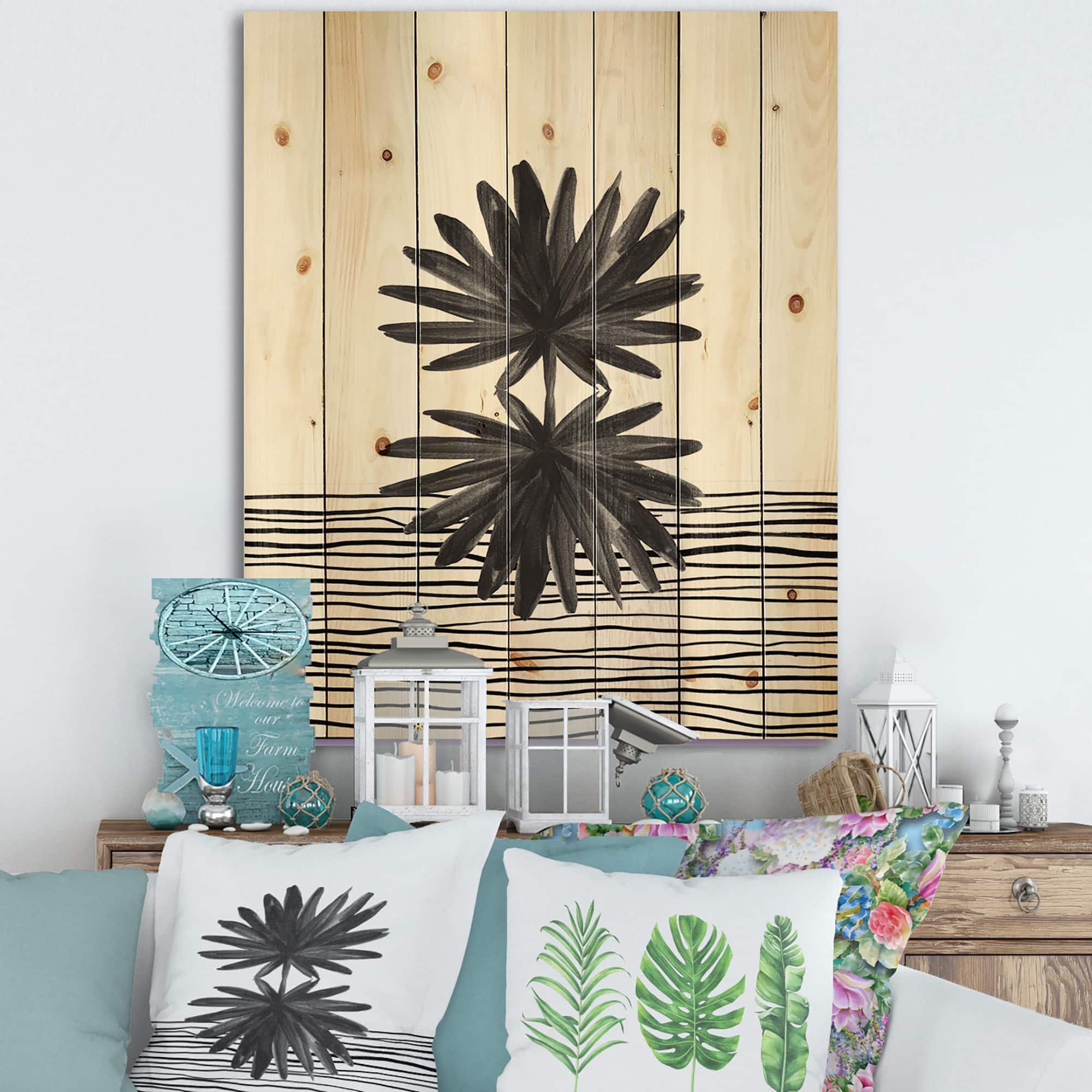 Designart - Black and White Tropical Leaf On Striped II - Modern Print on Natural Pine Wood