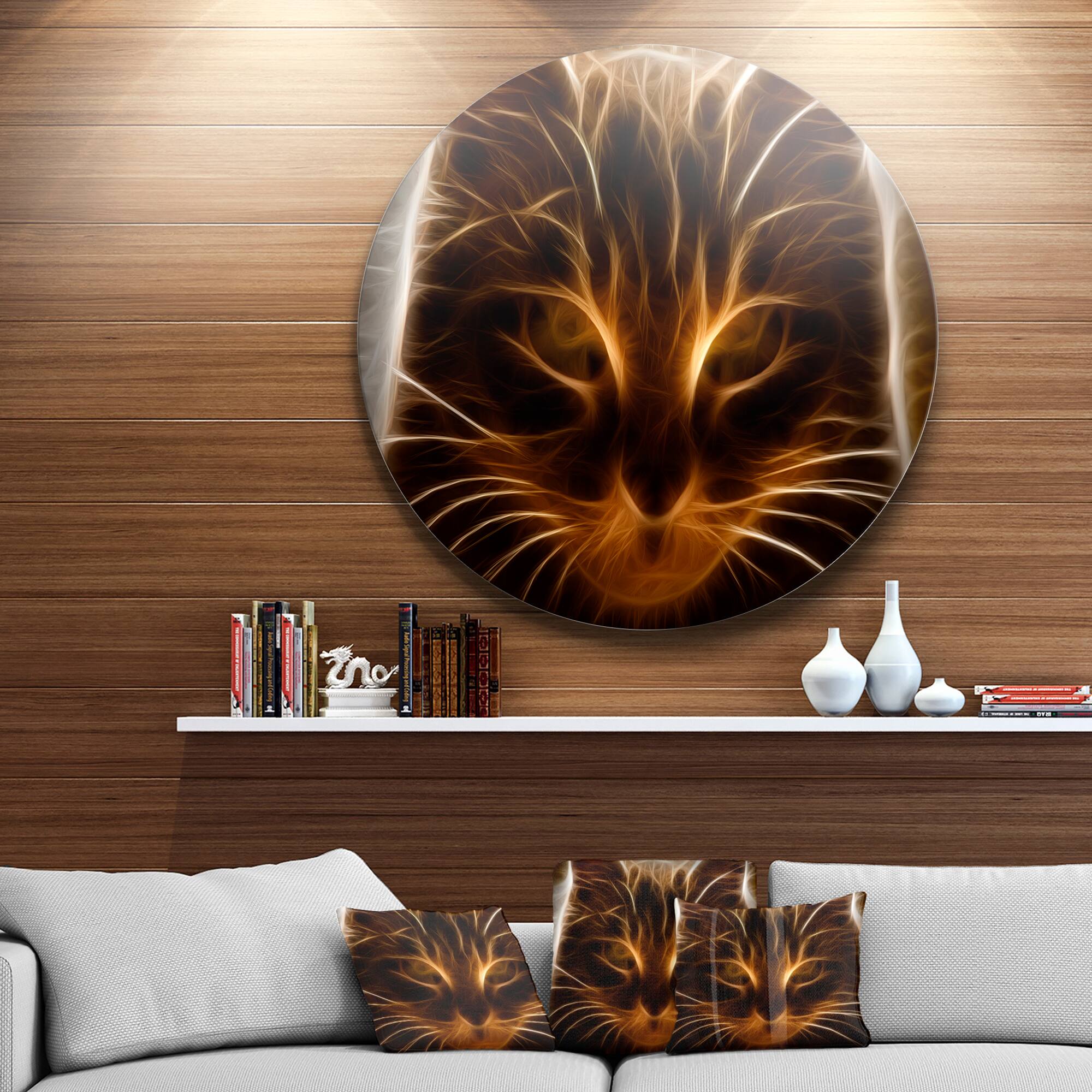 Designart - Glowing Fractal Cat Illustration' Ultra Vibrant Animal Metal Circle Wall Art