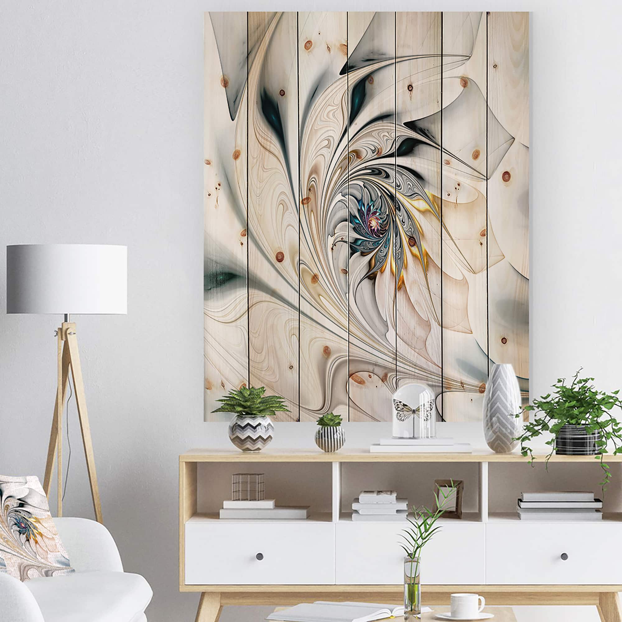 Designart - White Stained Glass Floral Art - Floral Print on Natural Pine Wood