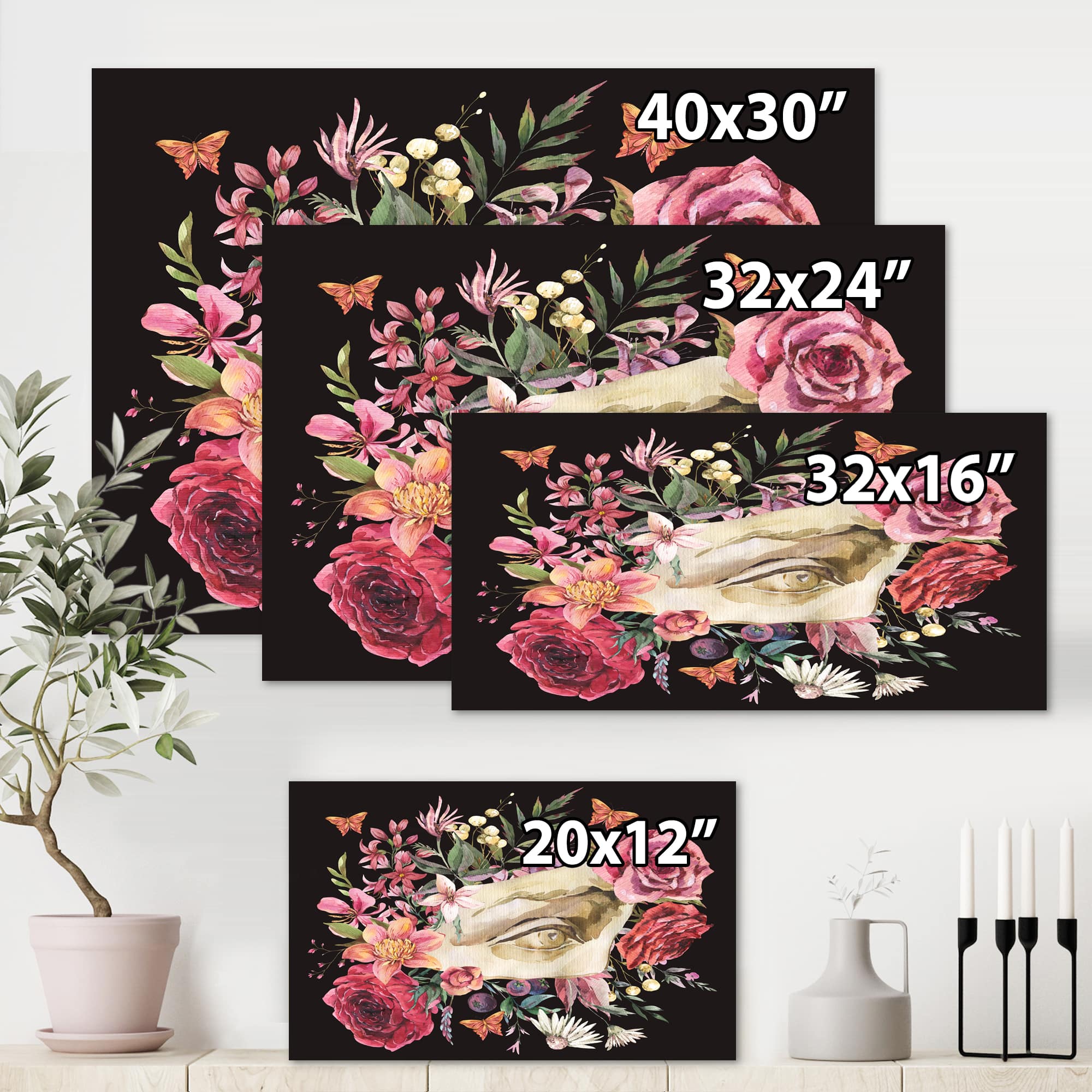 Designart - Greek Sculpture David Eye With Dried Wildflowers - Farmhouse Canvas Wall Art Print