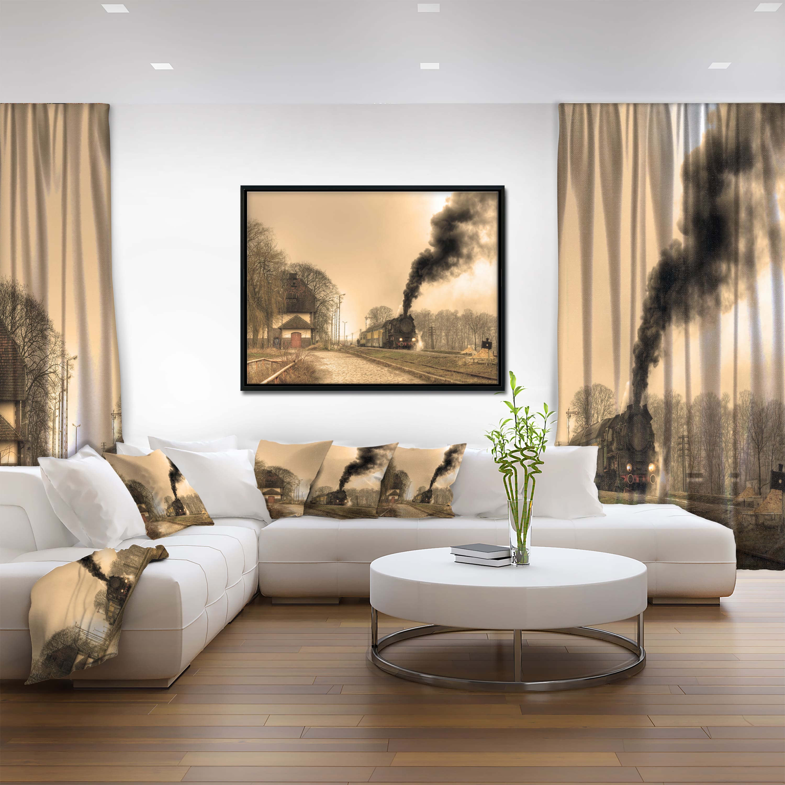 Designart - Retro Steam Train - Landscape Photography Canvas Art Print in Black Frame