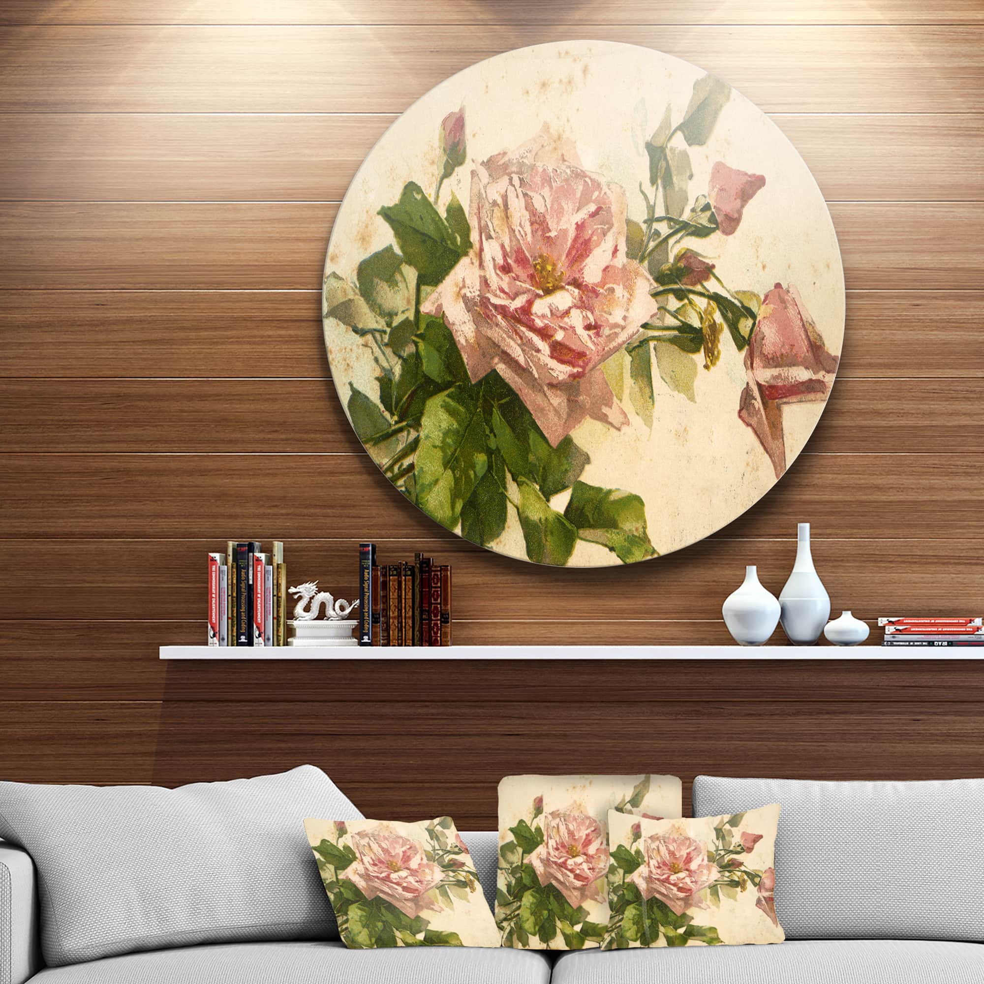 Designart - Pink Flower Illustration' Disc Floral Metal Artwork