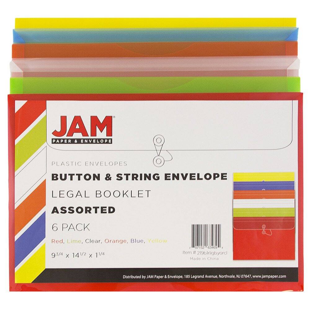JAM Paper 9.75" x 14.5" Plastic Button & String Tie Closure Envelopes, 6ct.