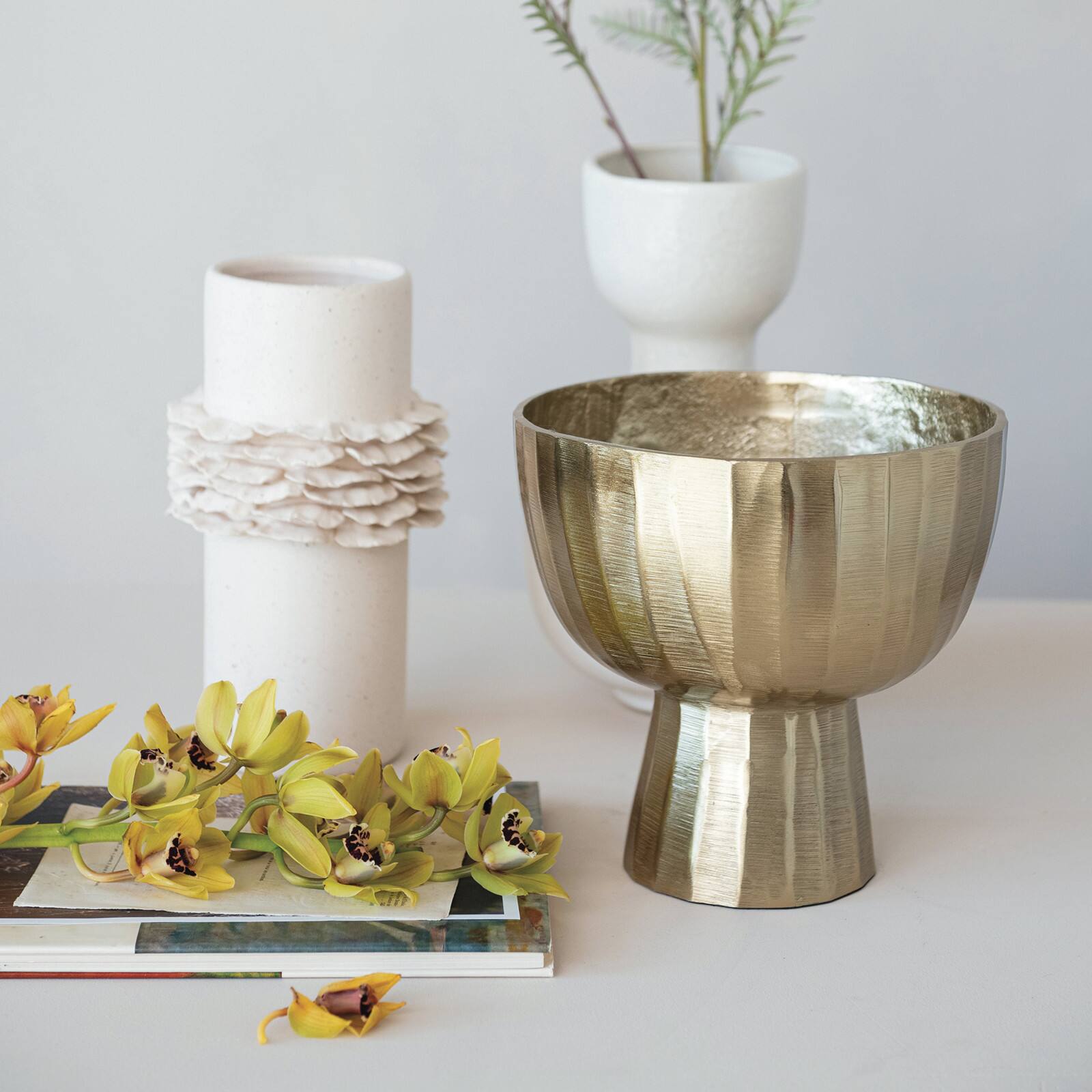 Hello Honey® 10" Matte Cream Ruffled Elegance Stoneware Vase