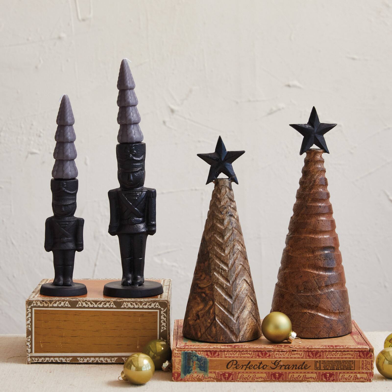 Hello Honey® 10.25" Tall Carved Mango Wood & Metal Christmas Tree with Black Star