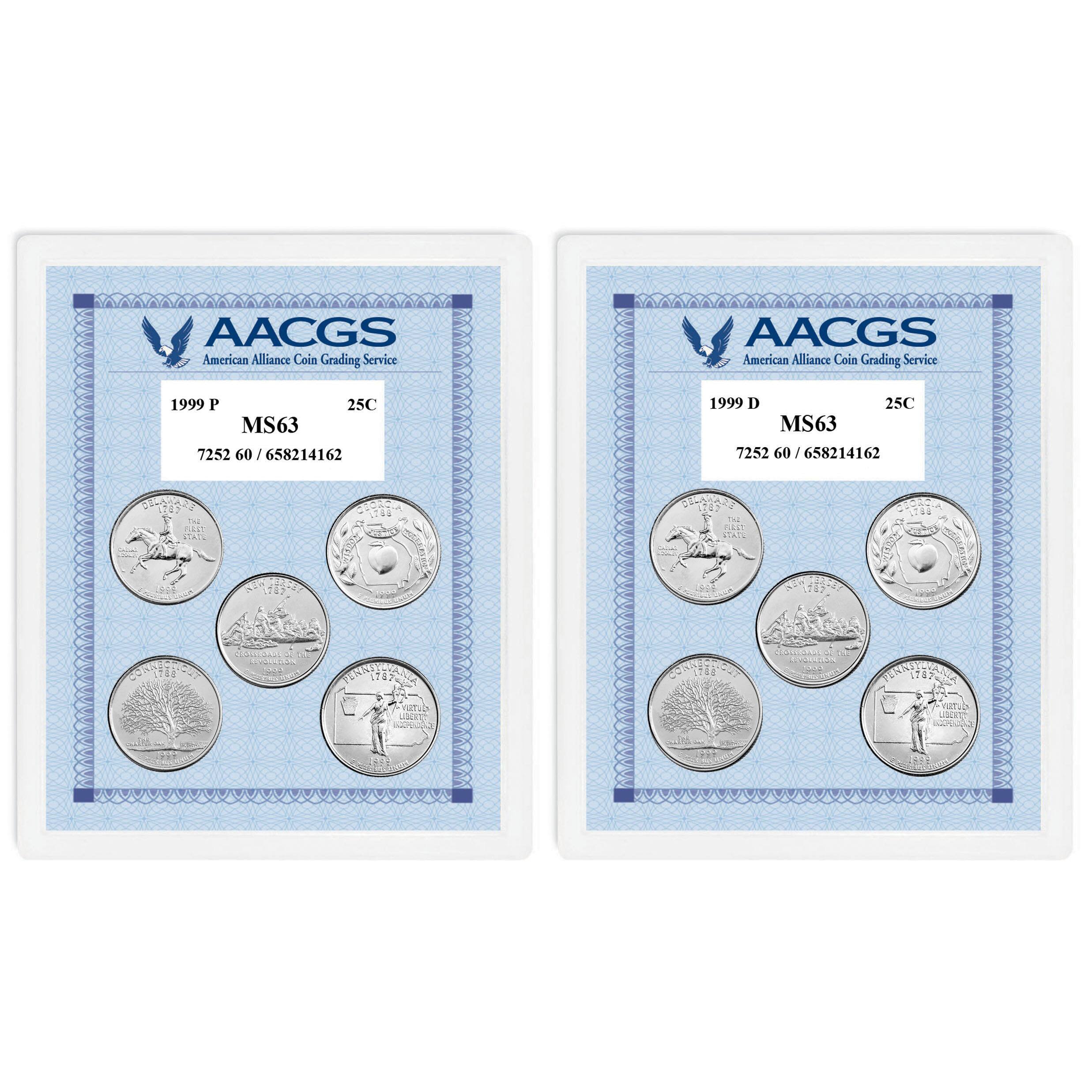 1999P & 1999D Statehood Quarters Graded MS63 Brilliant Uncirculated 