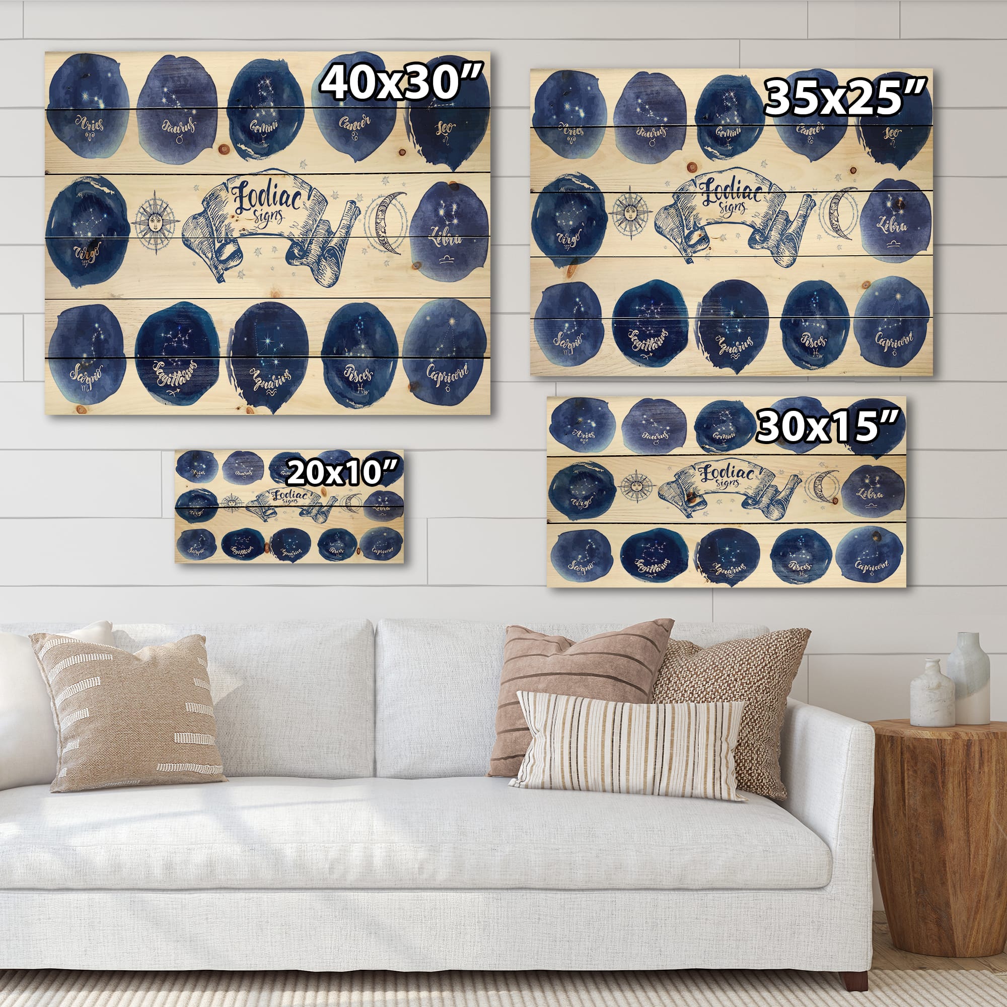Designart - Collection of Astrology Signs On Blue - Modern Print on Natural Pine Wood