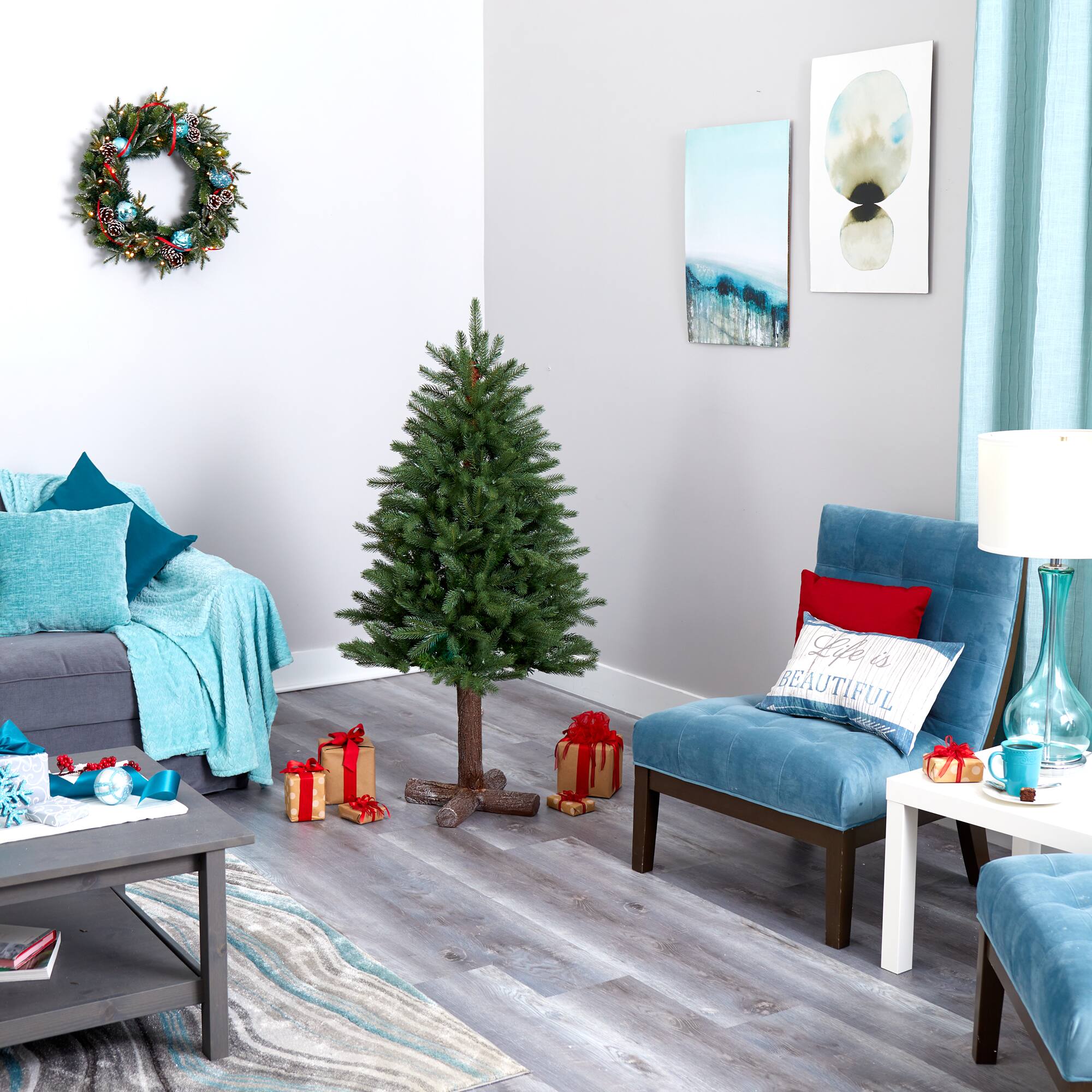 5ft. Pre-Lit Napa Valley Pine Artificial Christmas Tree with Warm White LED Lights on a Faux Wood Stand