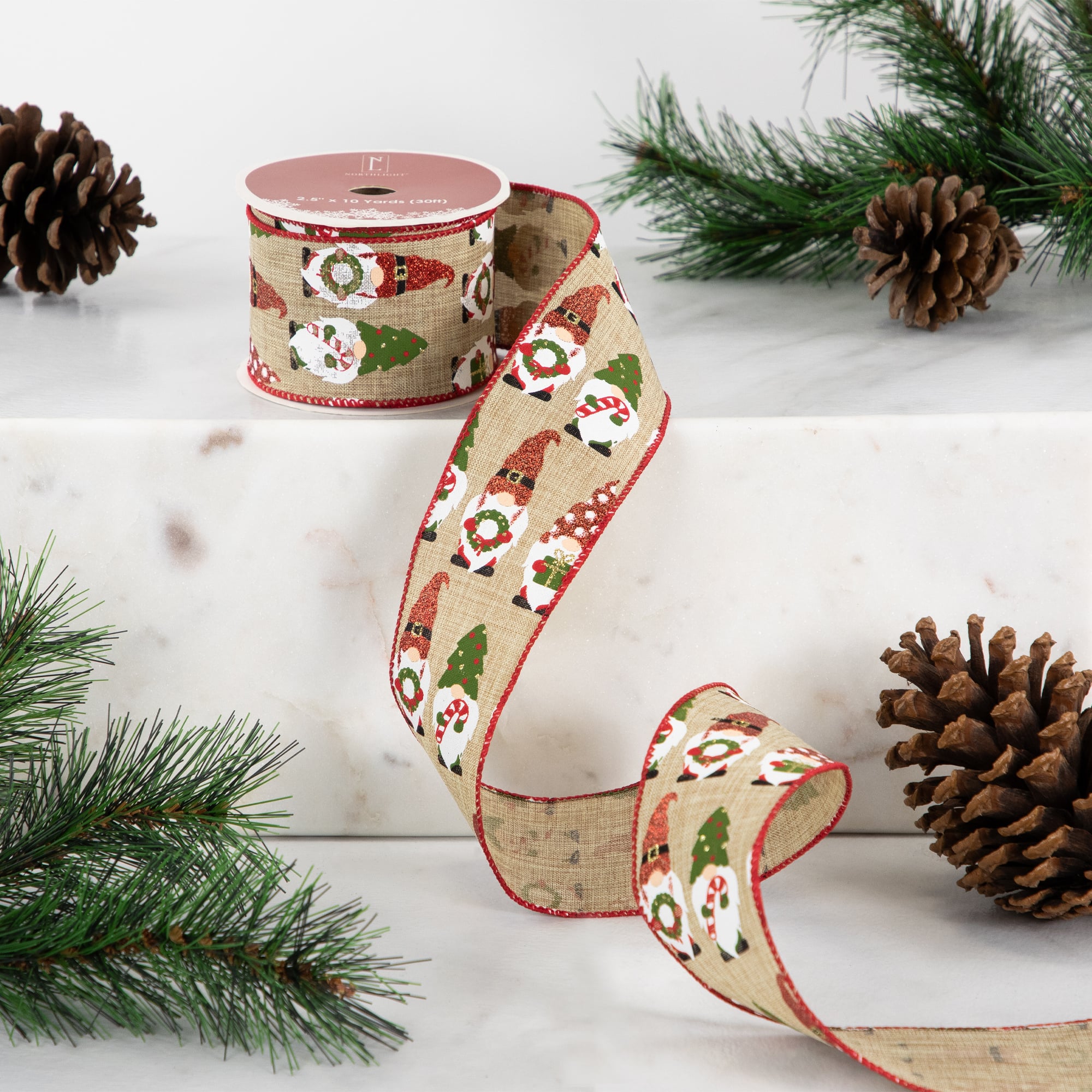 2.5" x 10yd. Burlap Wired Gnome Craft Christmas Ribbon