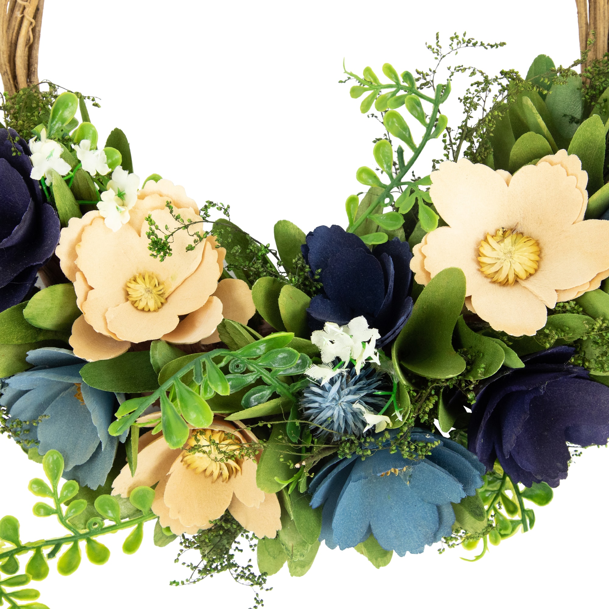 12" Blue & Tan Poppy Floral Wooden Spring Basket Wreath