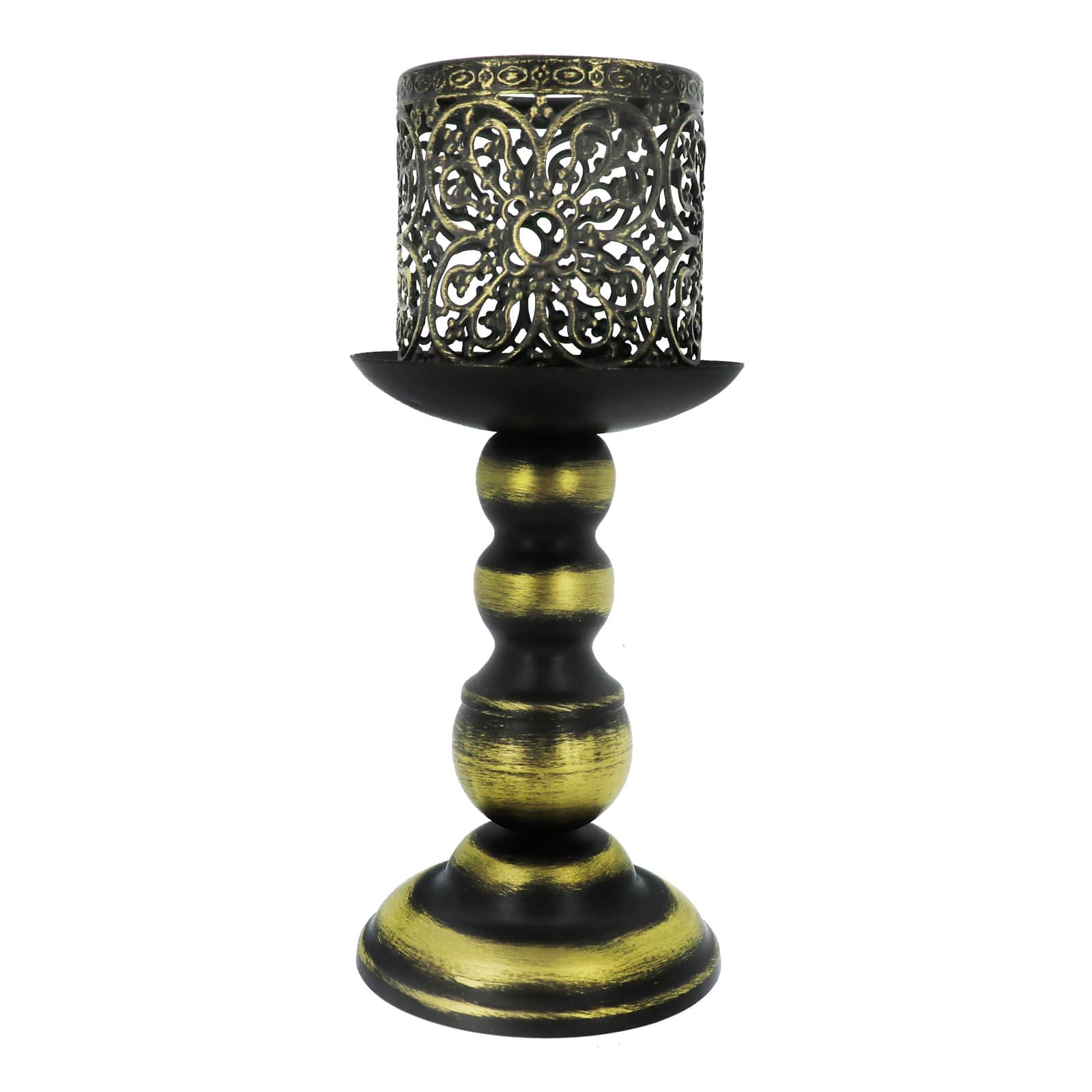 9.5" Gold-Brushed Black Filigree Metal Tealight Candle Holder by Ashland®