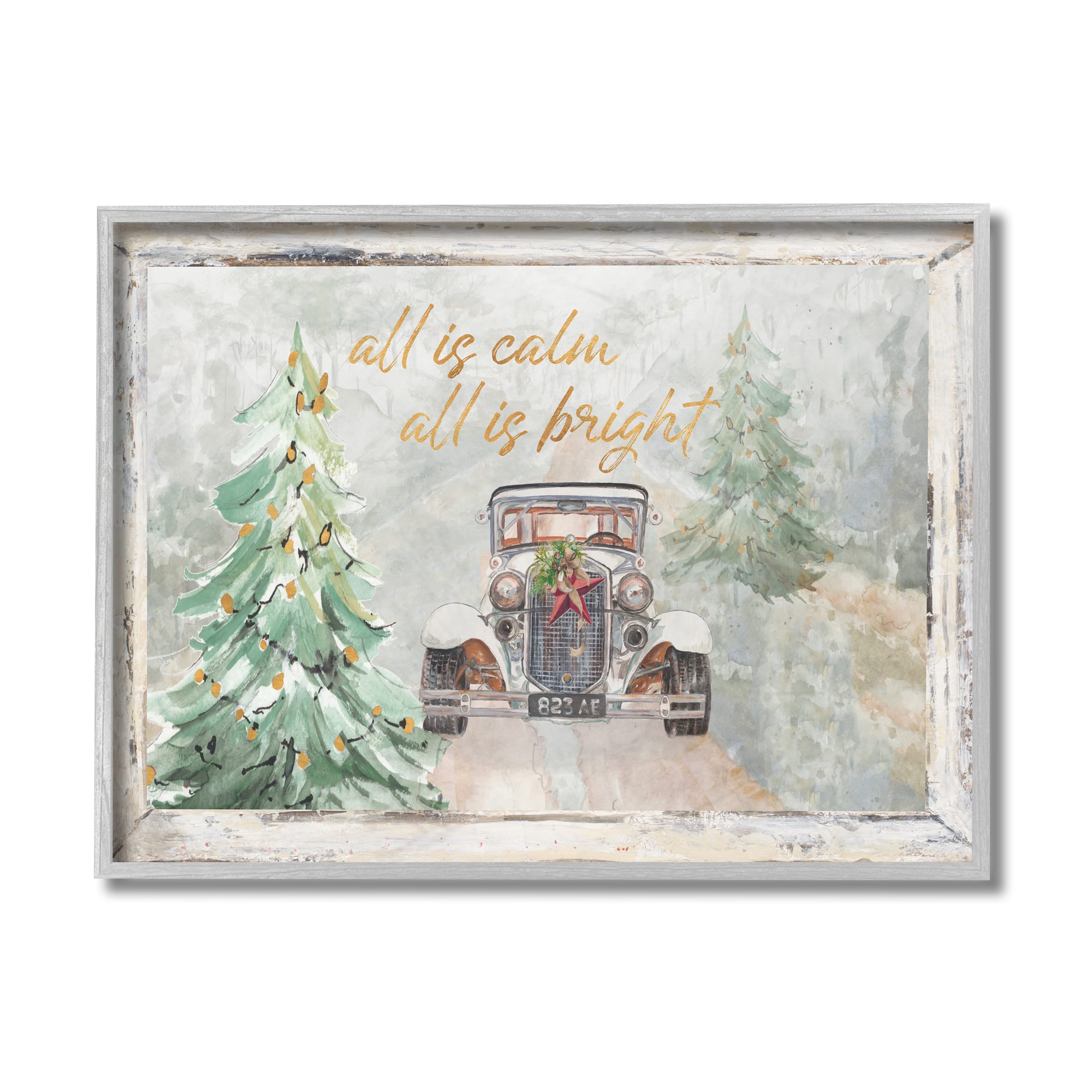 Stupell Industries All Is Calm Phrase Vintage Christmas Country Road Framed Wall Art