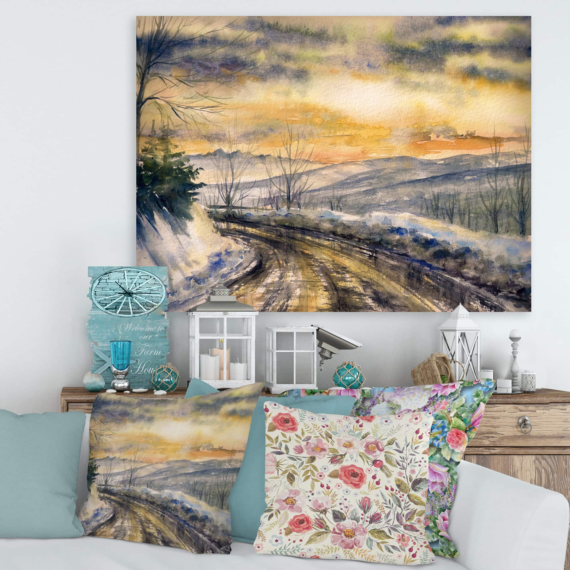 Designart - Winter Landscape With Road Under Bright Sunset