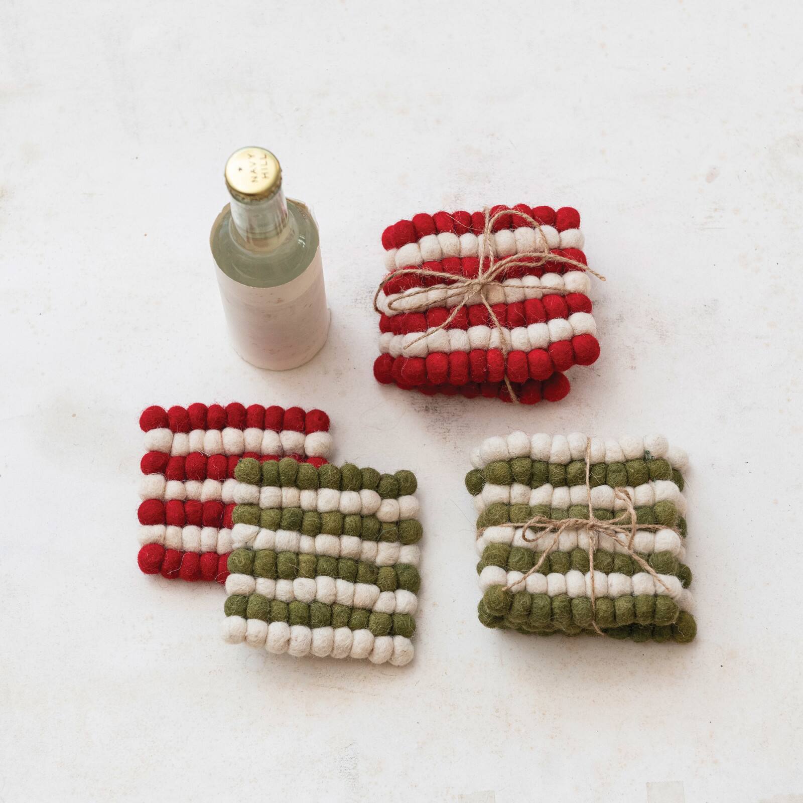 Hello Honey® 4" Cream & Green Handmade Wool Felt Ball Coasters, 4ct.