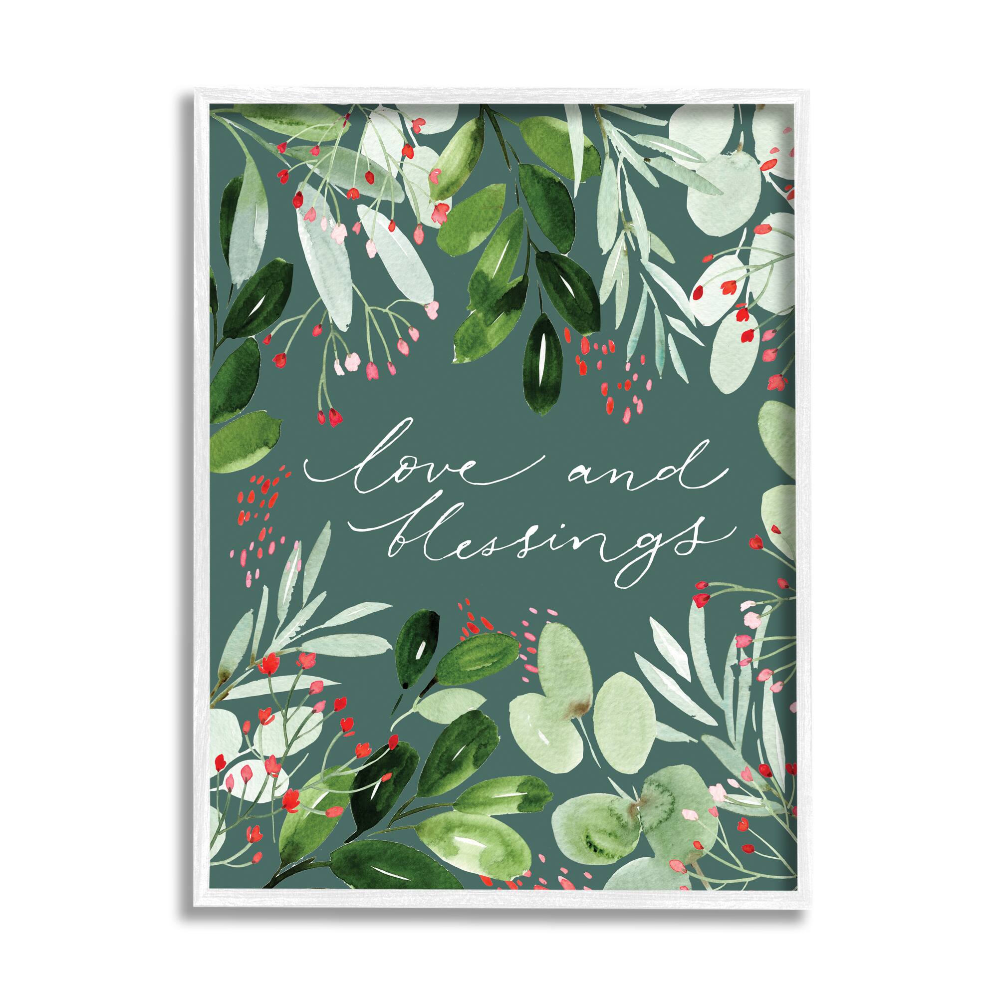 Stupell Industries Love & Blessings Green Floral Leaves Framed Giclee Art