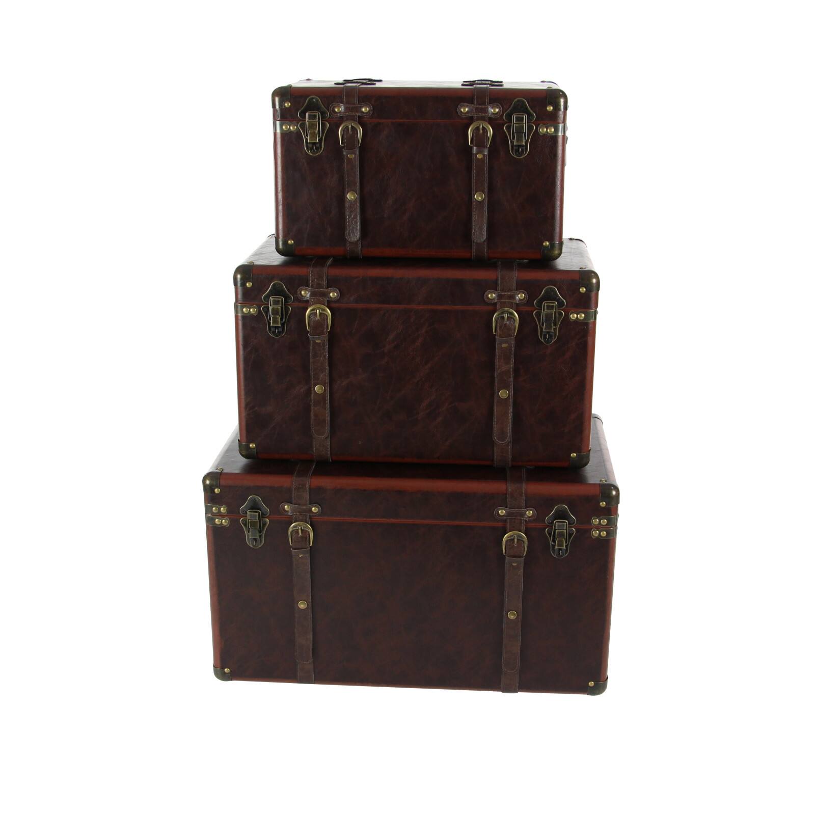 Set of 3" Brown Leather Traditional Trunk, 19", 24", 27"