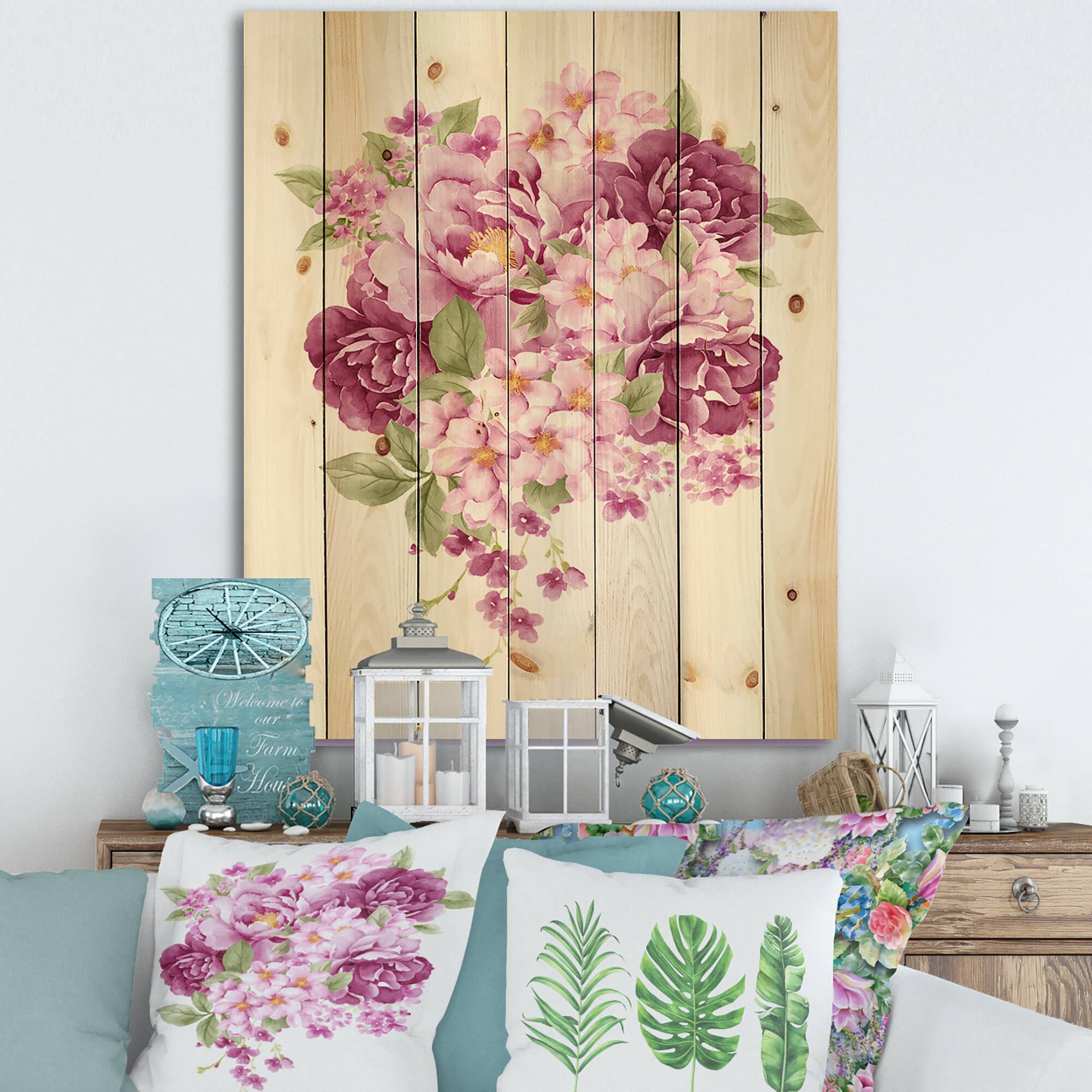 Designart - Pink Retro Flowers - Traditional Print on Natural Pine Wood