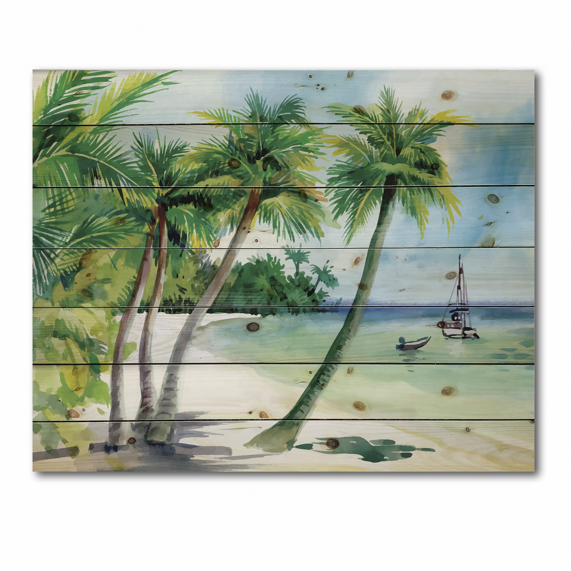 Designart - Summer Beach With Palm Trees - Nautical & Coastal Print on Natural Pine Wood