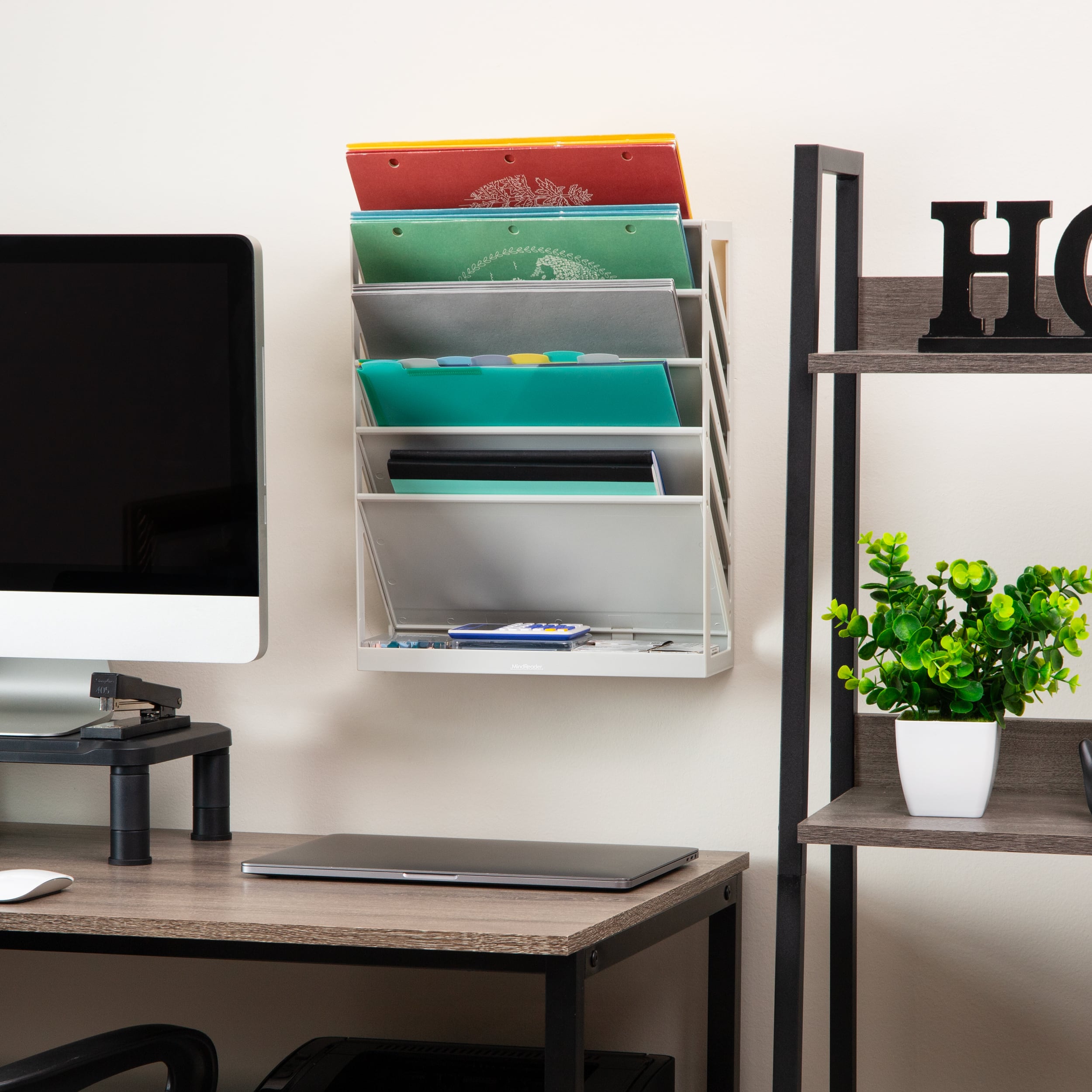 Mind Reader 5-Tier Vertical File Storage, Desktop Organizer, Wall Mount, Office, Plastic, Beige