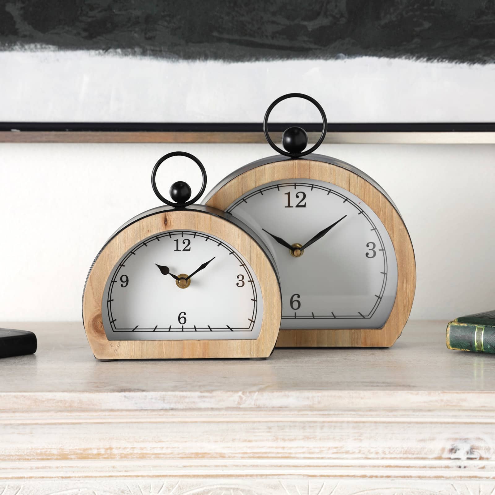 White Wooden Semicircle Clock Set with Brown Wooden Frame & Ring Handle