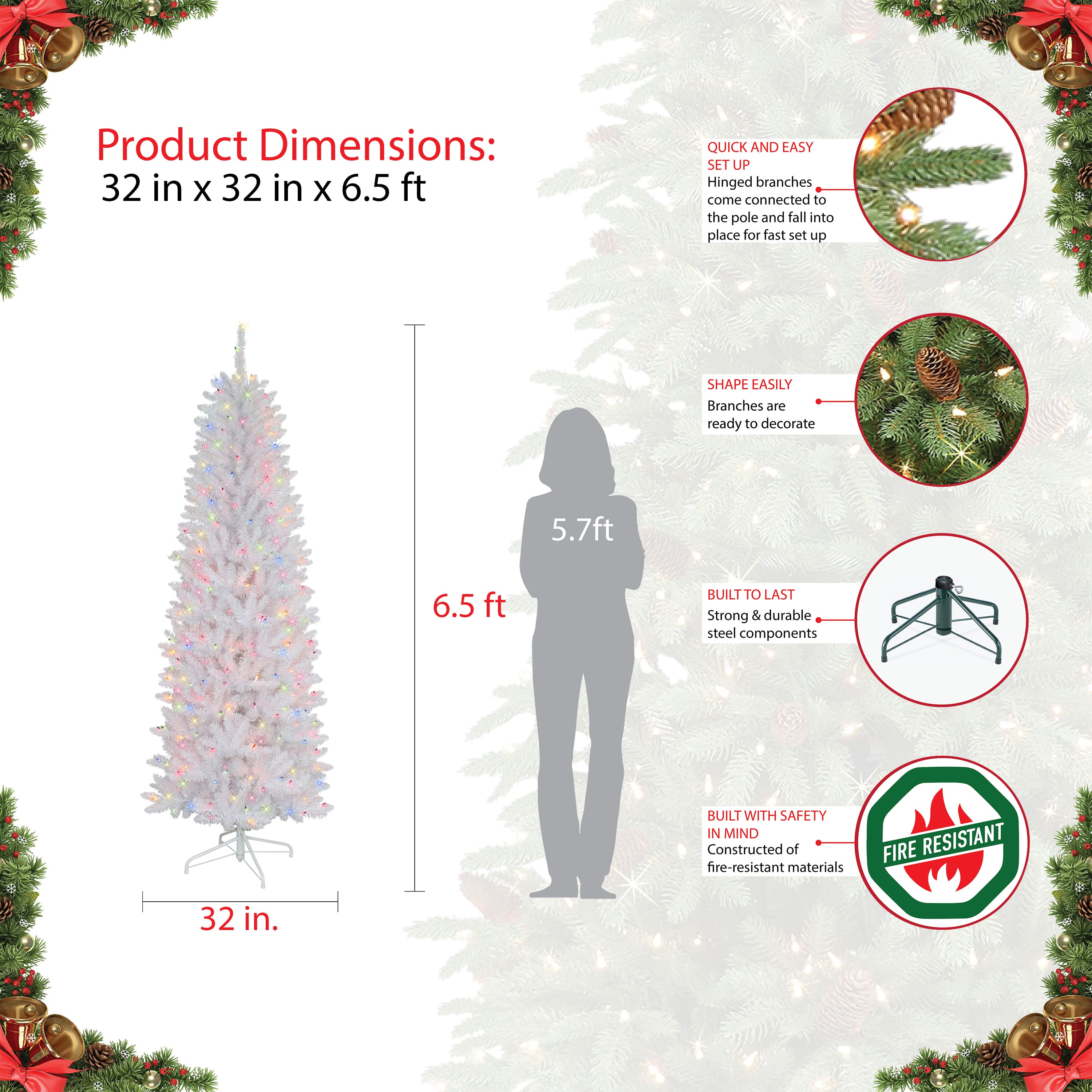 6.5ft. Pre-Lit White Pencil Fraser Fir Artificial Christmas Tree, Multicolor Lights