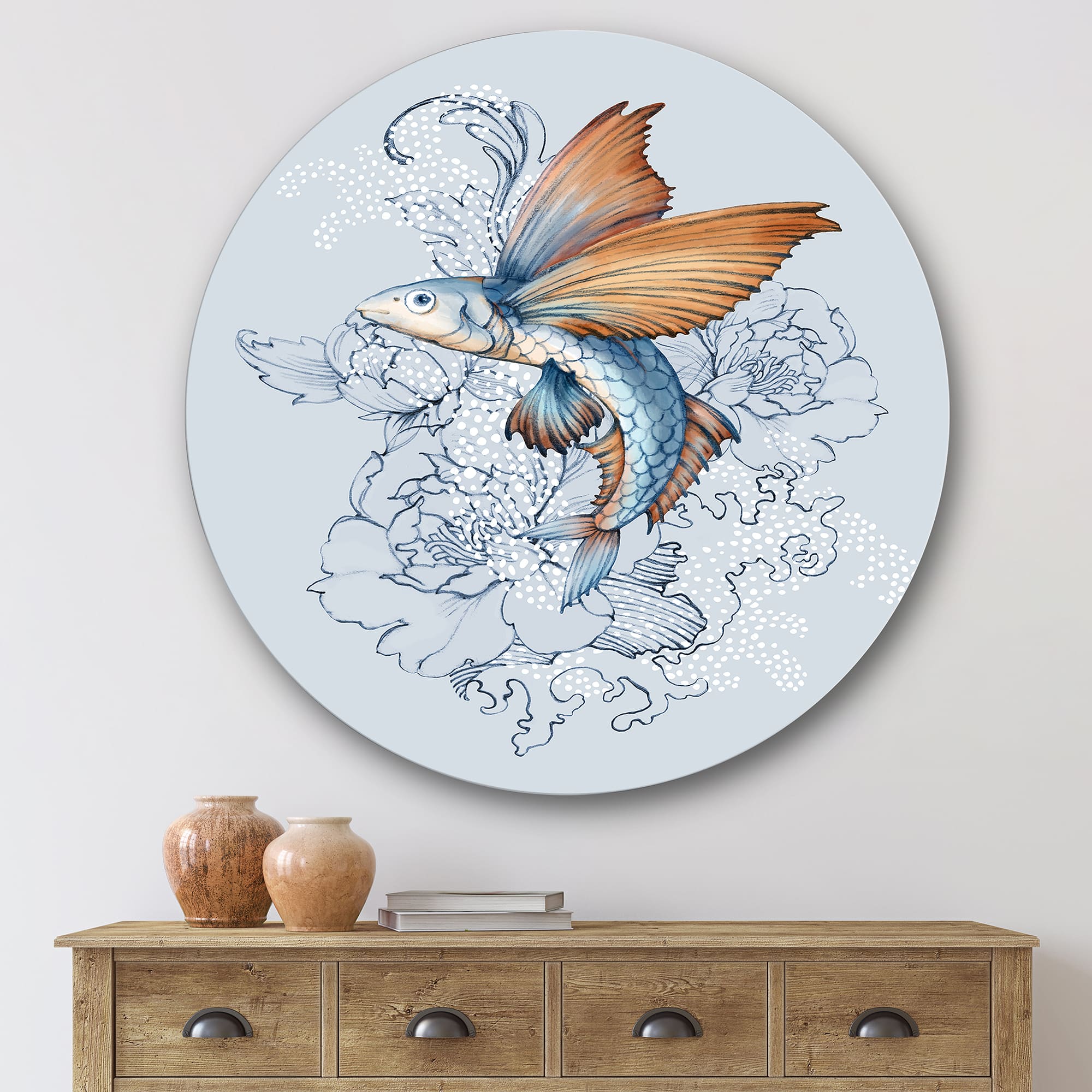 Designart - Flying Fish On Peonies - Traditional Metal Circle Wall Art