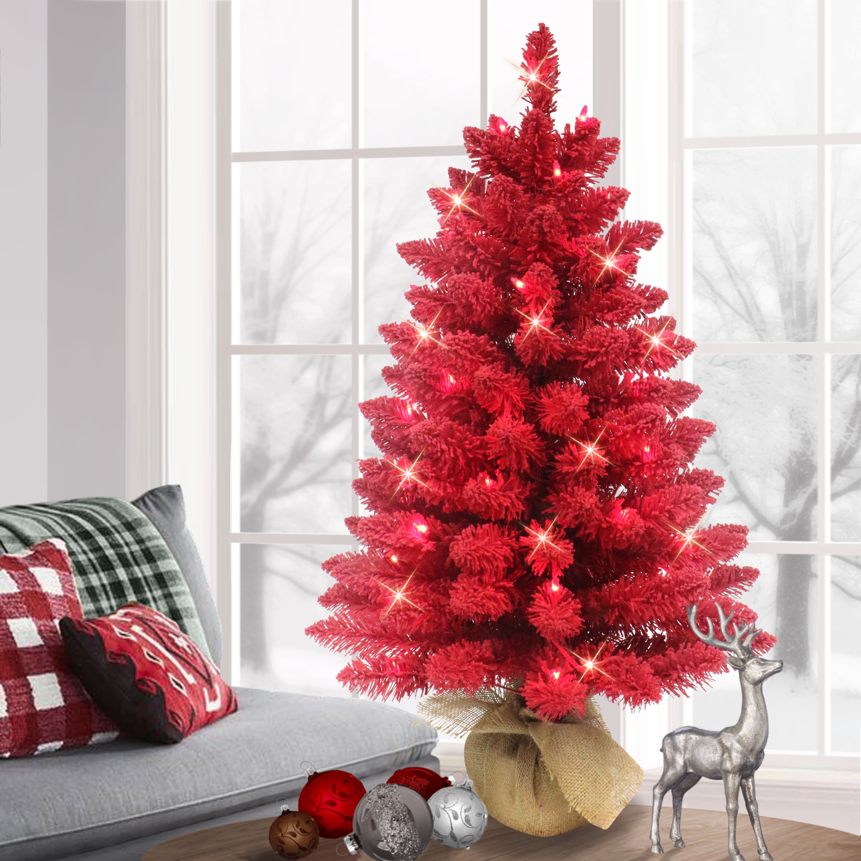 3ft. Pre-Lit Red Artificial Flocked Christmas Tree with Burlap Base, Clear Lights