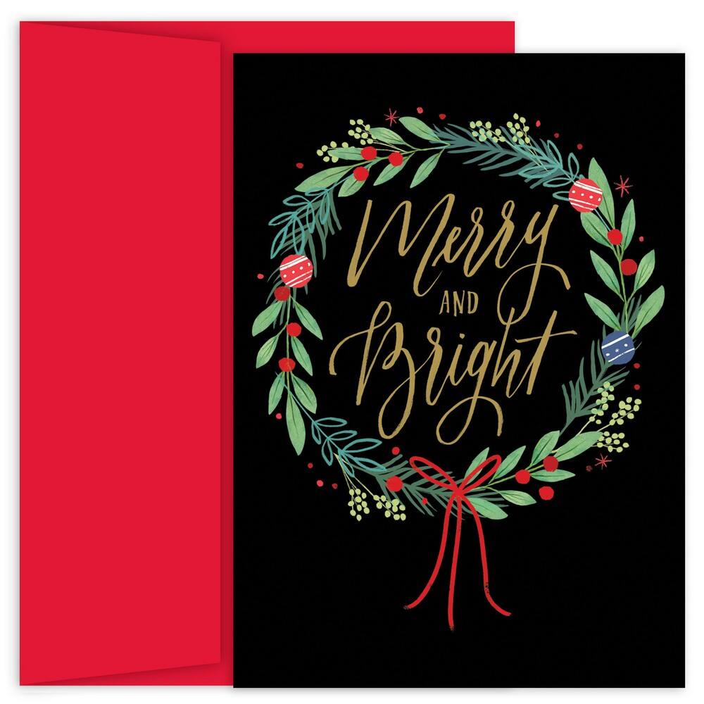 JAM Paper Merry & Bright Wreath Christmas Cards & Envelopes Set