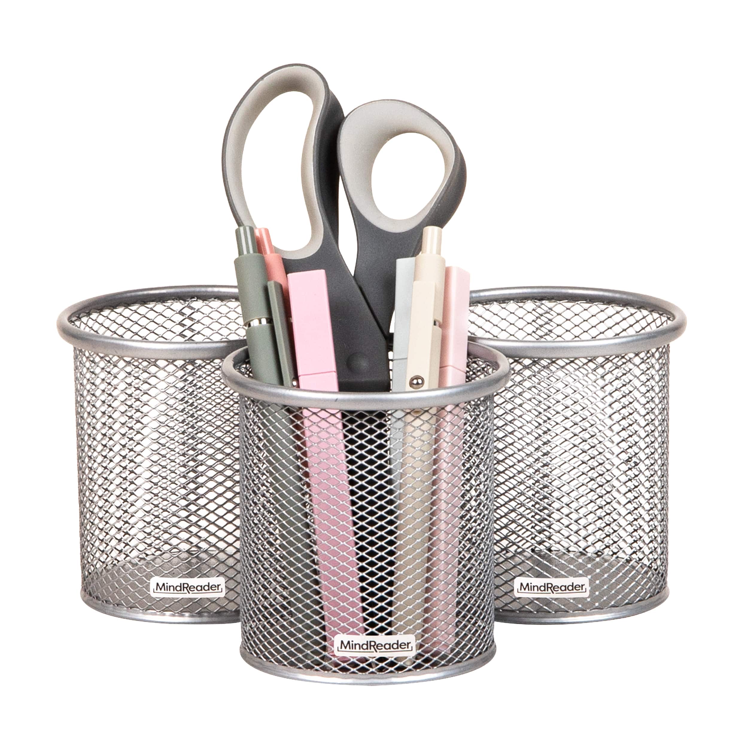Mind Reader Pen and Accessories Holder, Desktop Organizer, Office, Metal Mesh, Set of 3, Silver
