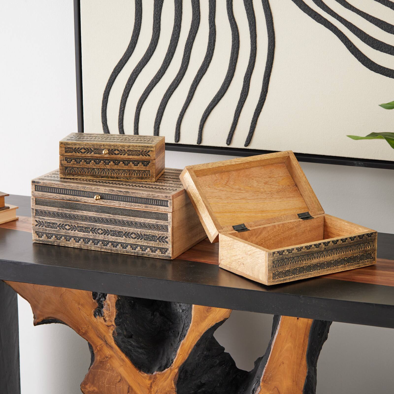 Brown Handmade Storage Box Set with Black Tribal Carvings & Gold Accents