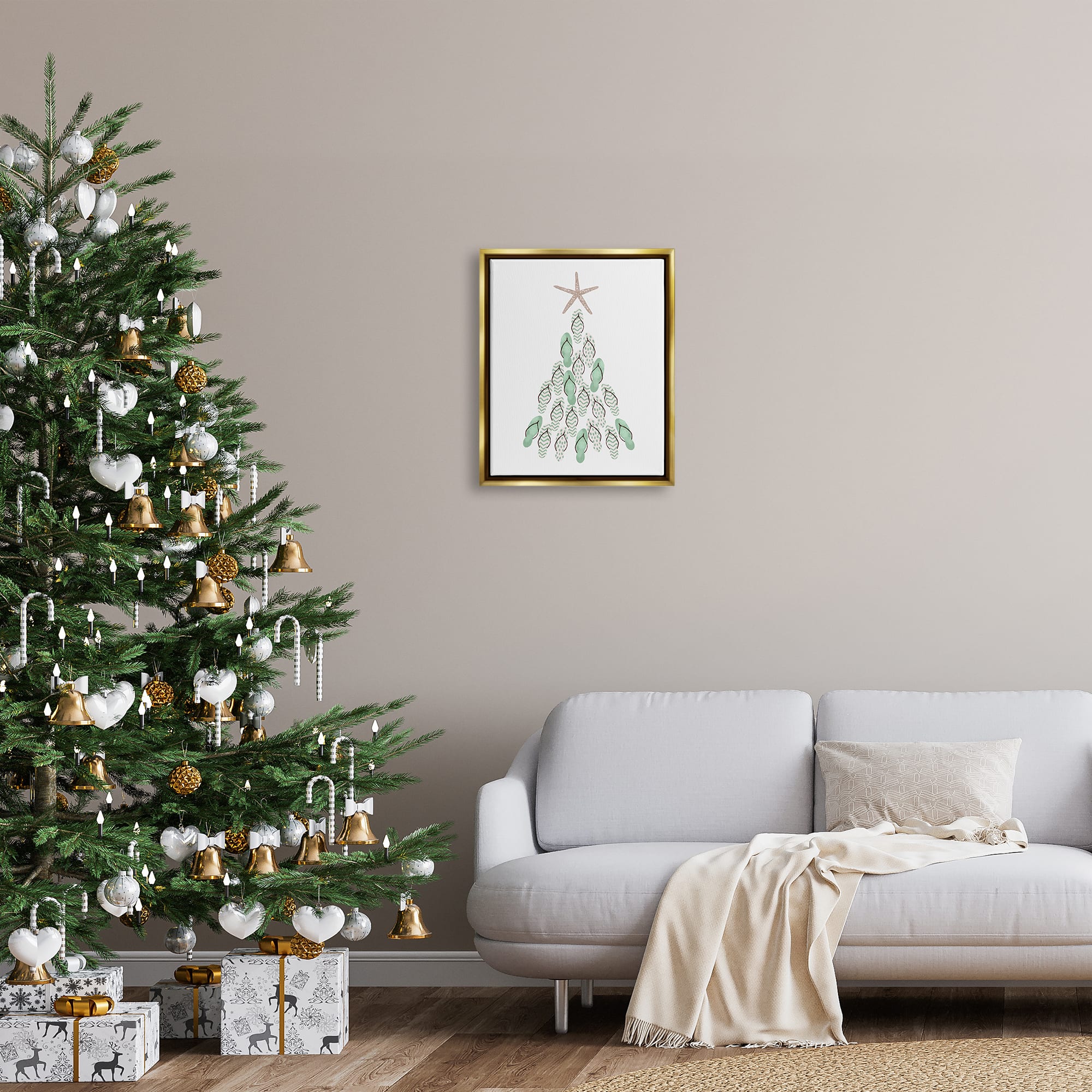 Stupell Industries Flip Flop Beachy Christmas Tree Black Framed Floater Canvas Wall Art