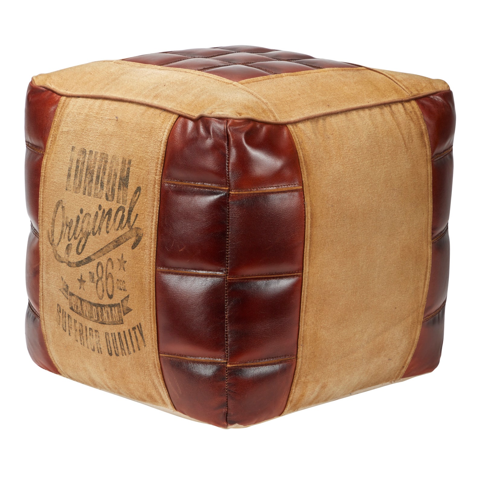 Brown Canvas and Leather Rustic Pouf, 17" x 20" x 20"