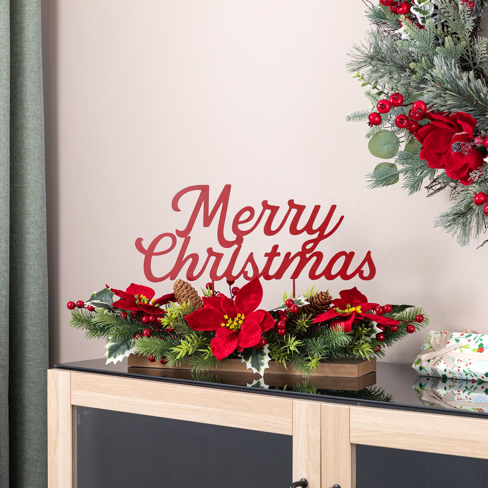 Glitzhome® 24" Metal "Merry Christmas" Poinsettia CenterPiece