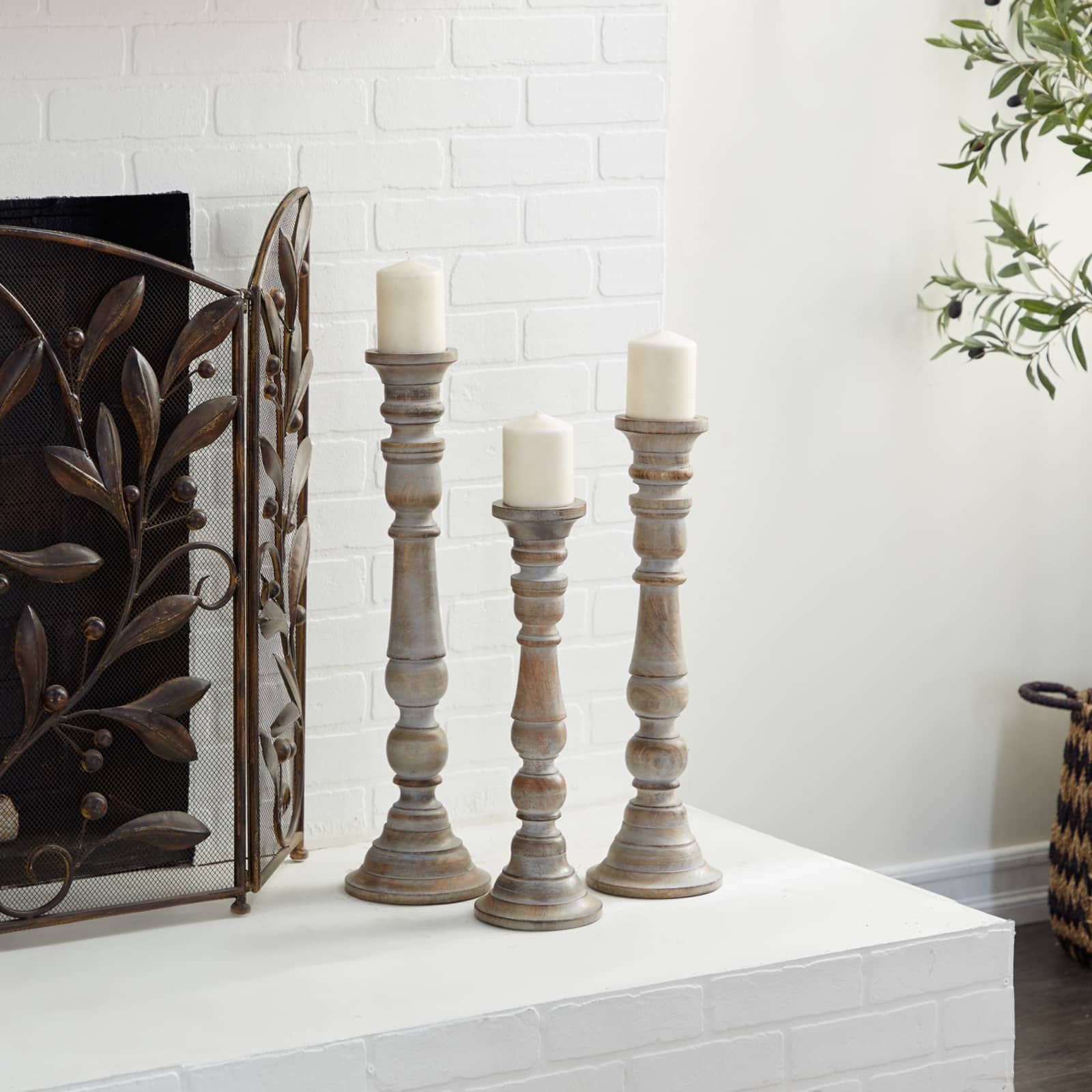Light Brown Mango Wood Traditional Candle Holder Set, 3ct.