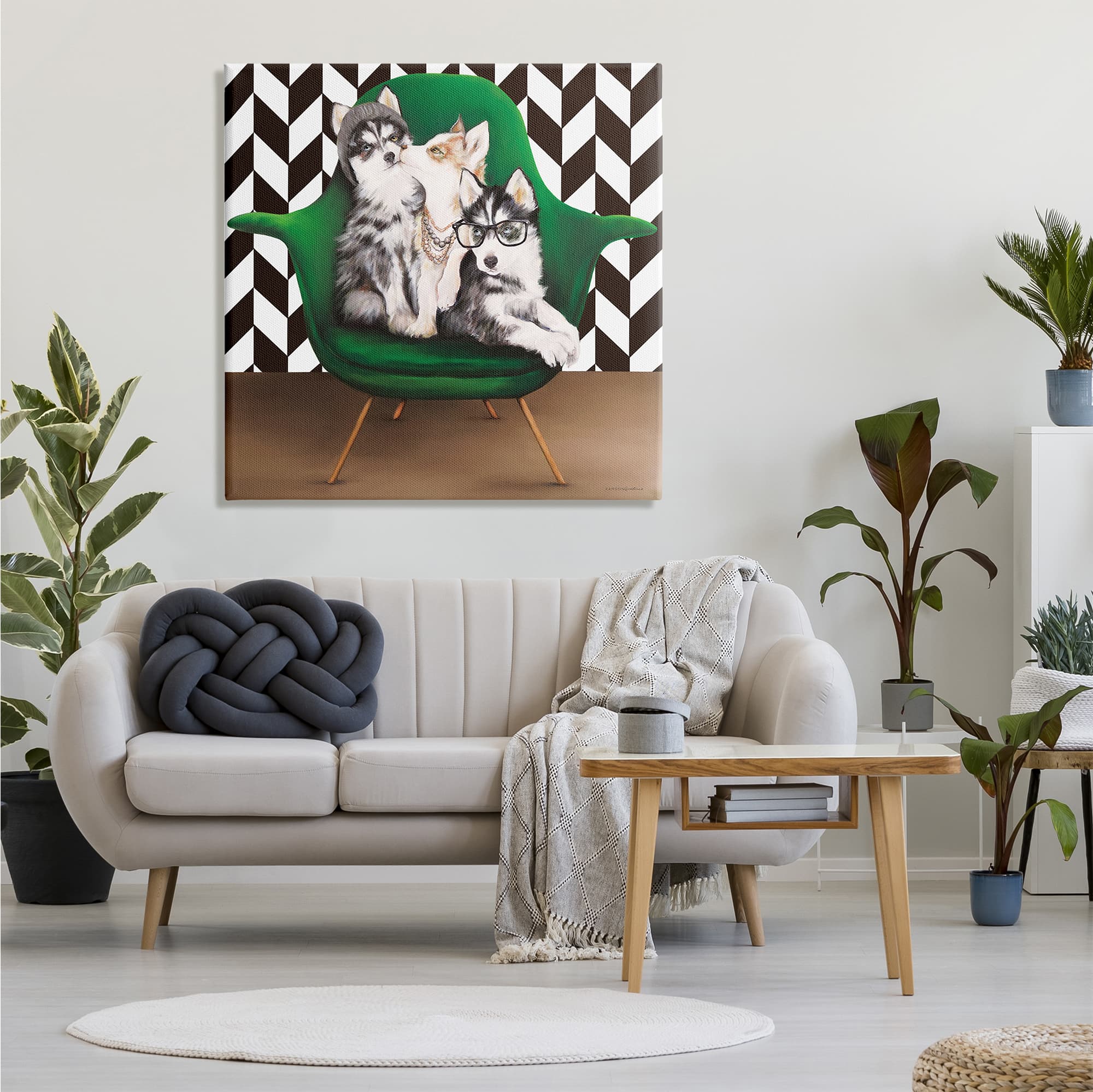 Stupell Industries Hipster Dogs Green Mod Chair Modern Room Interior Canvas Wall Art