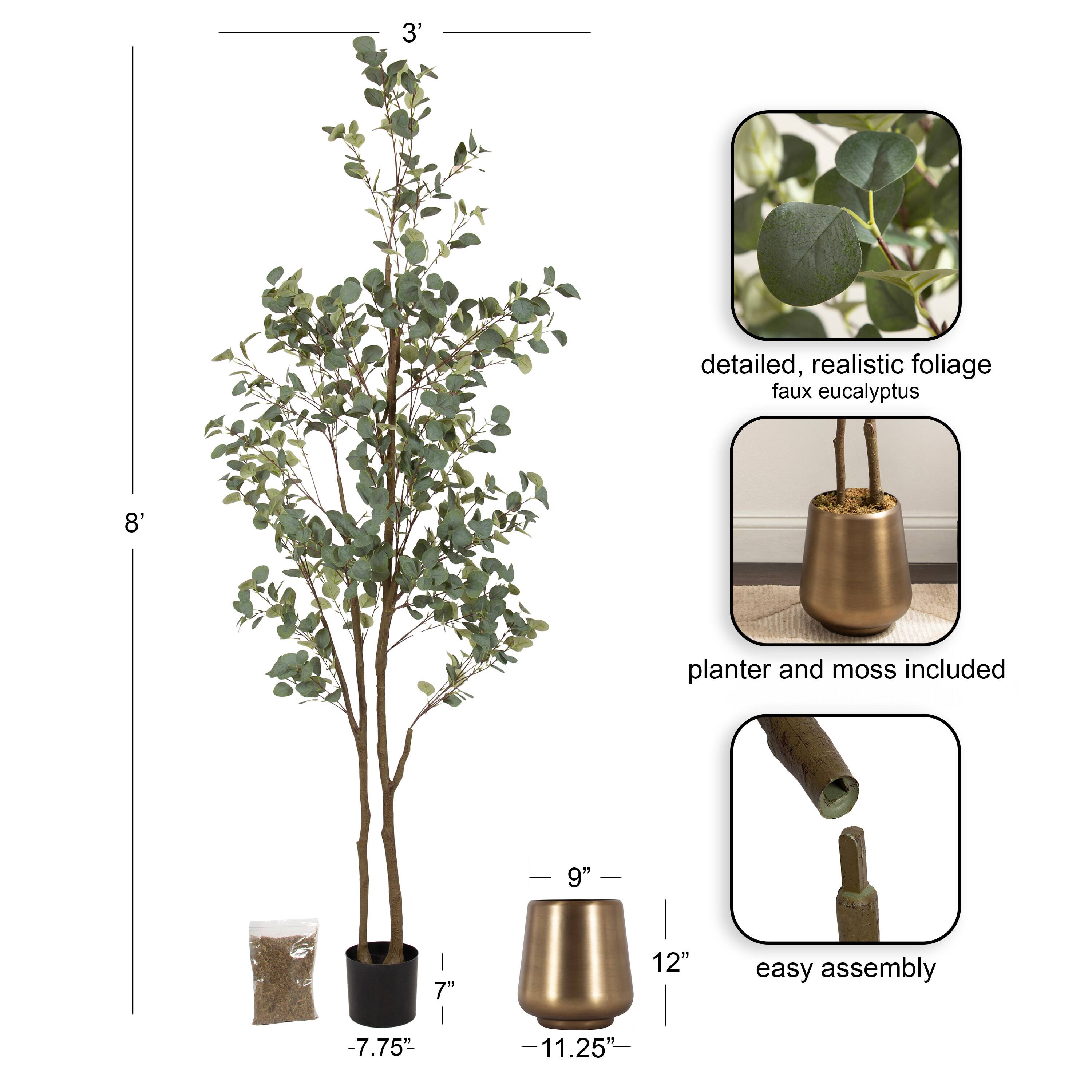 Kate and Laurel 8ft. Eudora Faux Eucalyptus Tree with Round Metal Planter