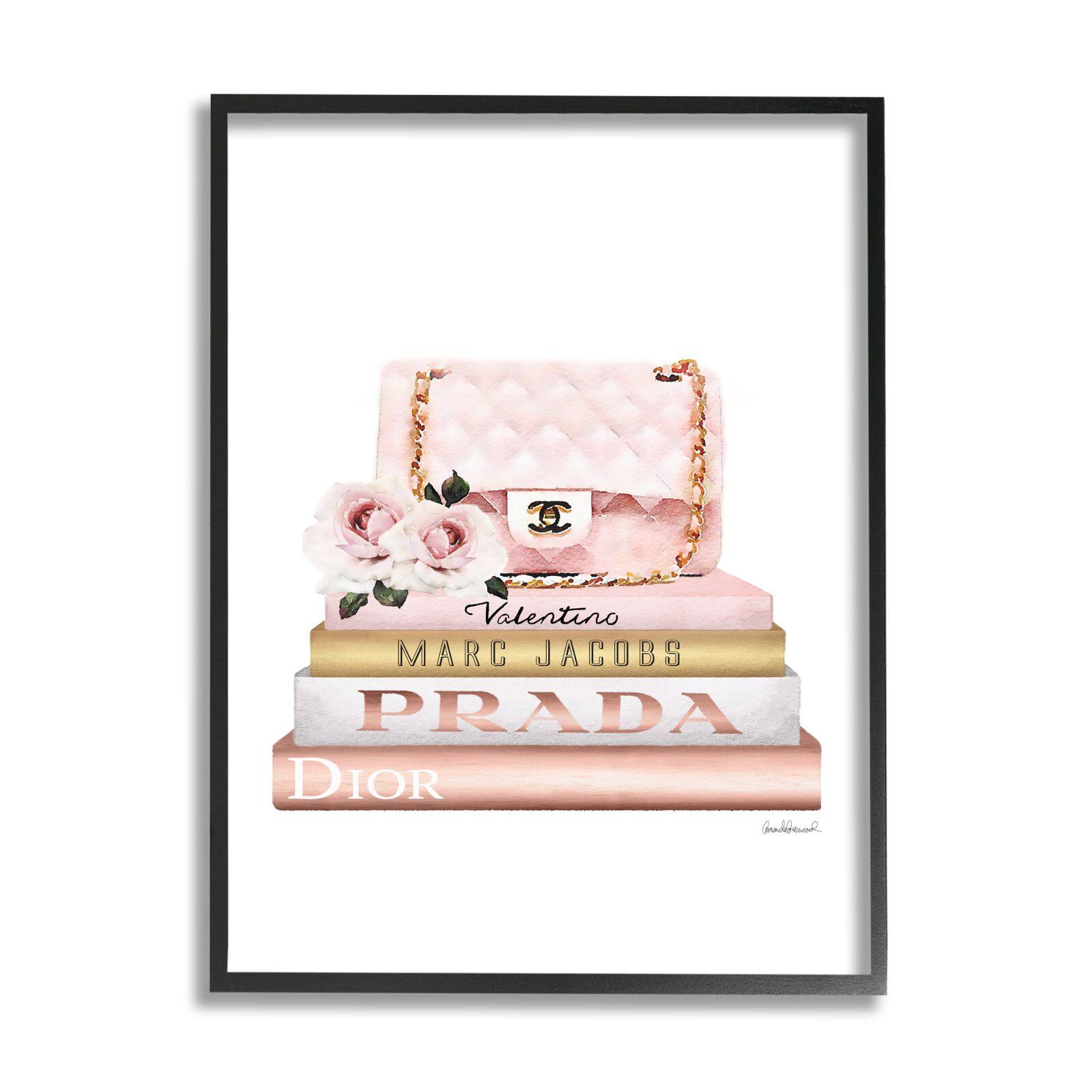 Stupell Industries Pink Purse Gold Bookstack Glam Fashion Watercolor Design Framed Wall Art