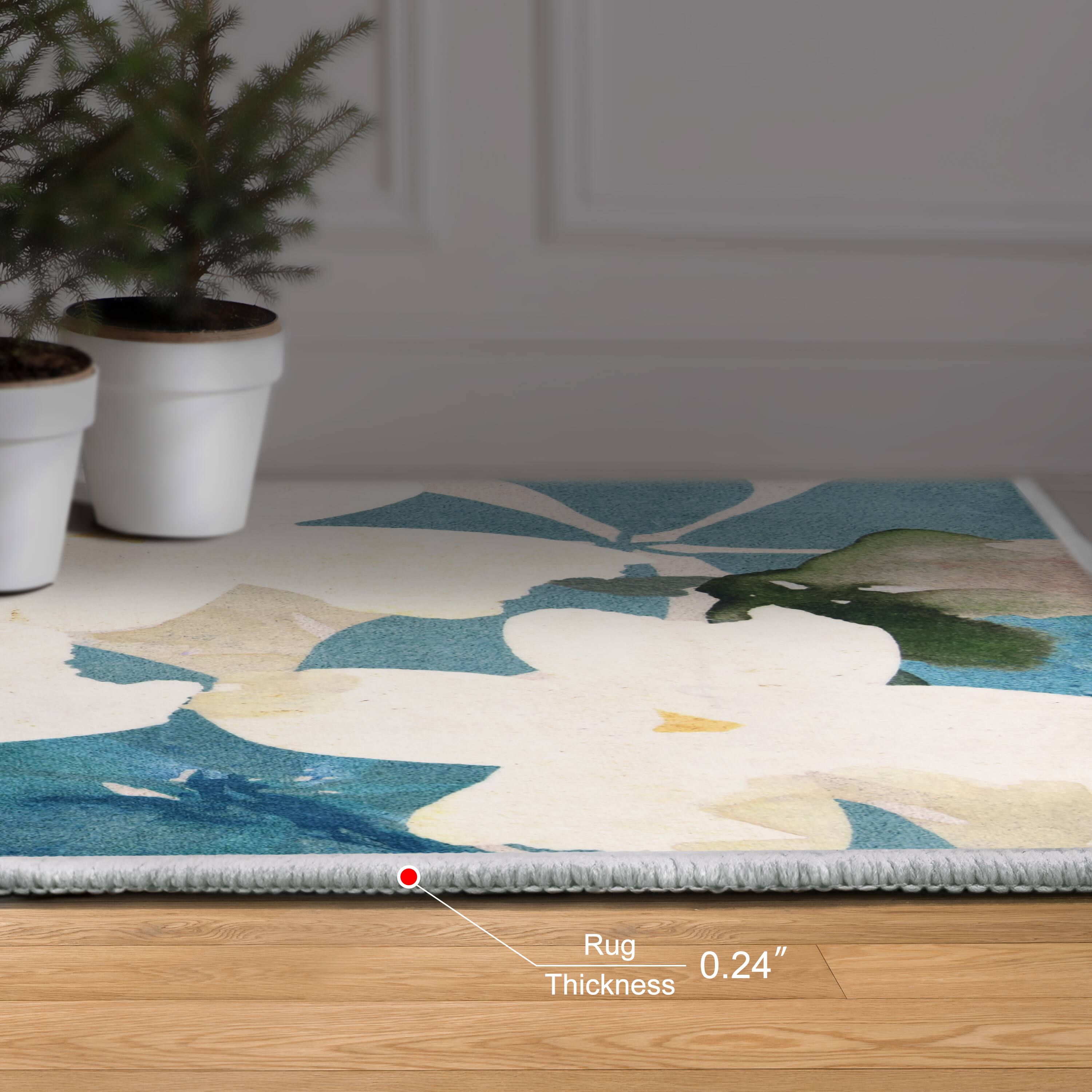 Empire Art Direct Peach 5ft.x 7.5ft. Teal Floral Washable Flowers Area Rug