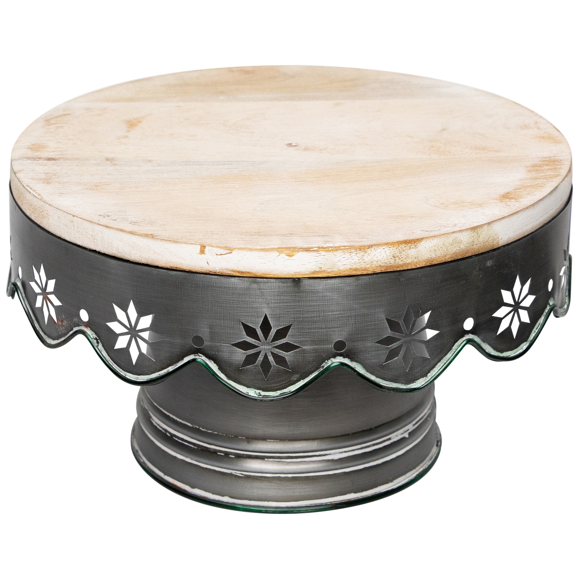12" Laser-Cut Snowflake Distressed Iron & Wood Cake Stand